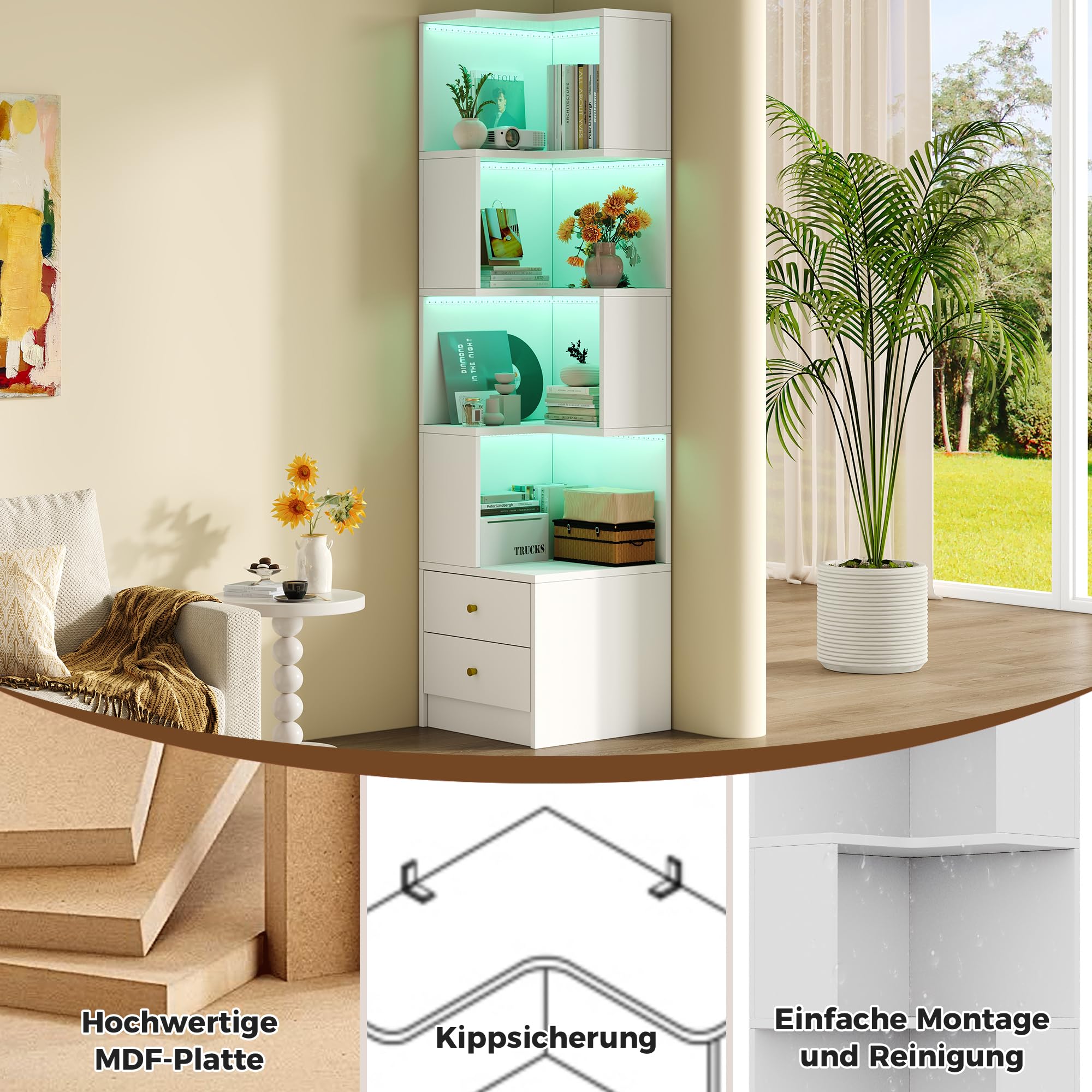 Scaffale angolare per soggiorno, 180 cm, moderna libreria angolare con illuminazione a LED, scomparti aperti e 2 cassetti, per soggiorno, camera da letto e corridoio (bianco)