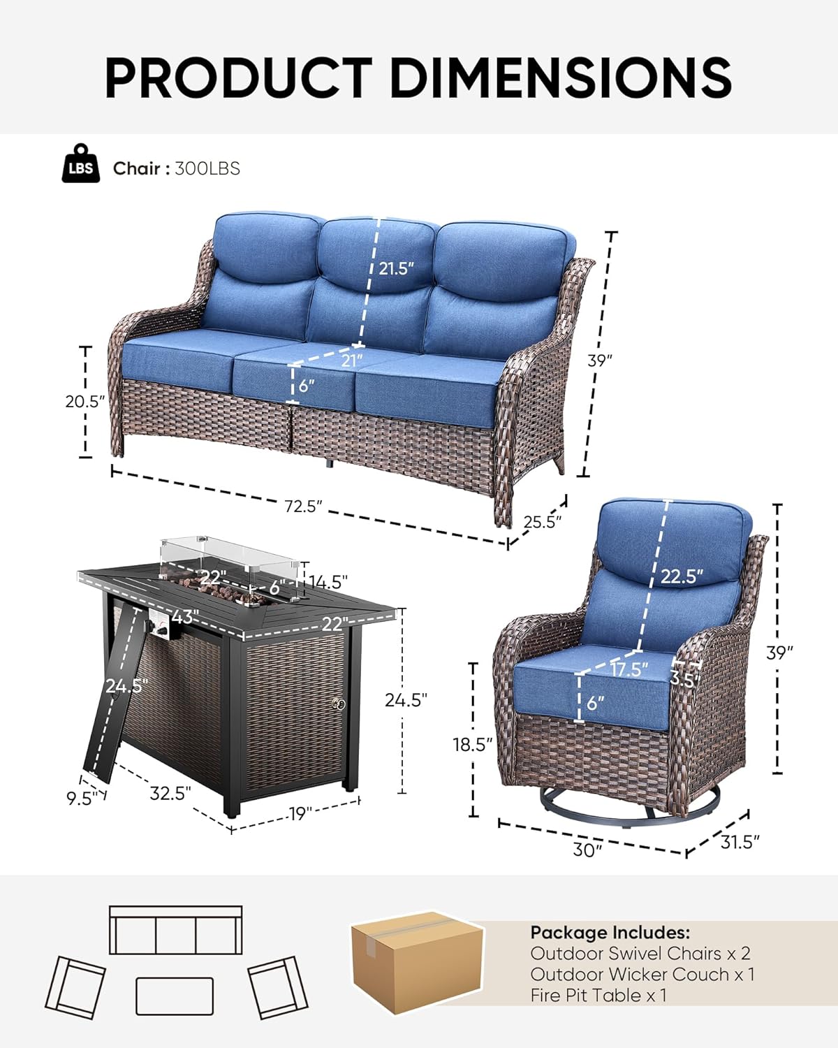 HUMMUH 4 Pieces Patio Furniture Set with Fire Pit High Back Outdoor Furniture Set 6-inch Cushions Wicker Patio Swivel Rocker Chairs for Balcony Garden,Lawn,Deck