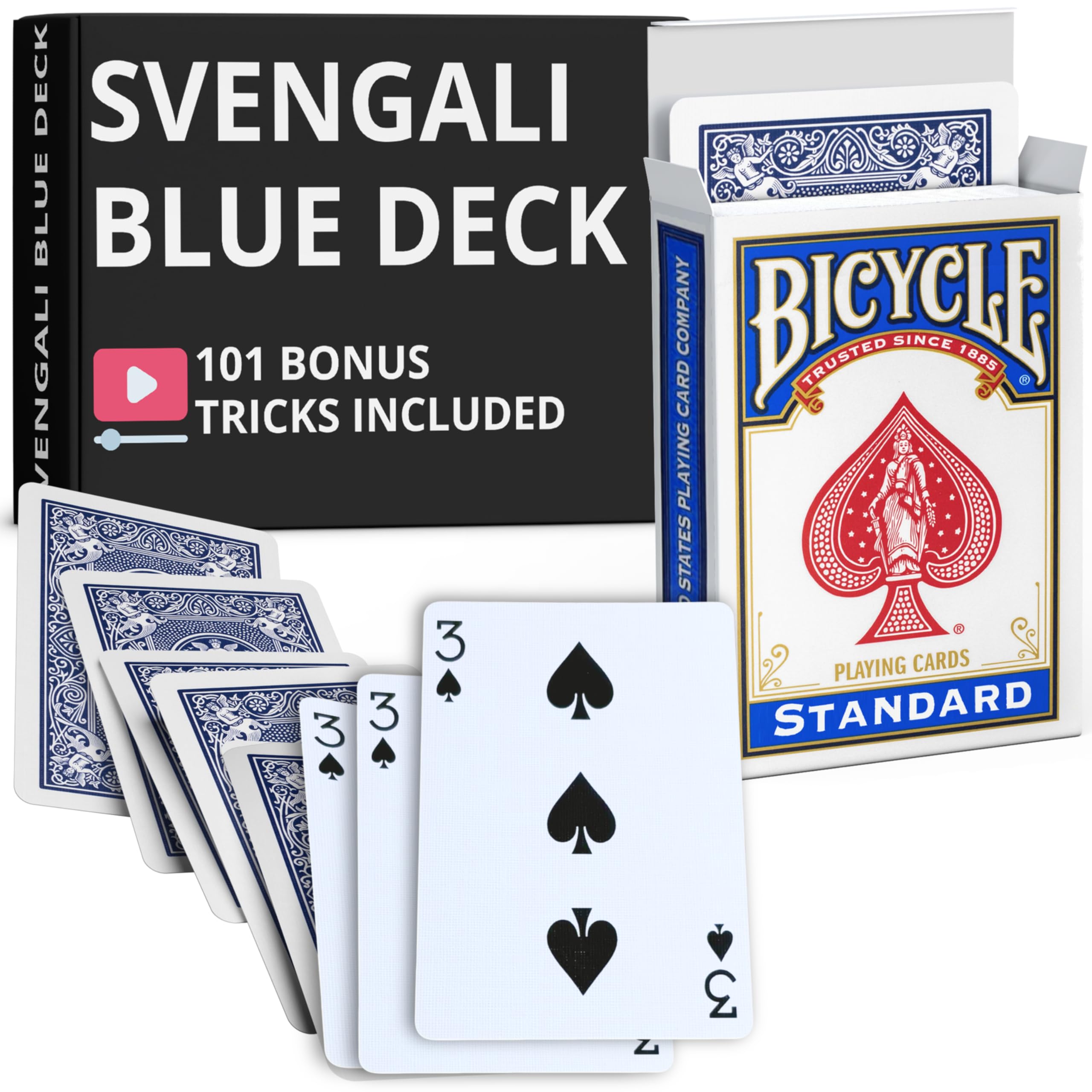 Ted's Sterling Magic Precision Blue Rider Back Bicycle Svengali Deck with Instructions for 100+ Tricks (3 of Spades)