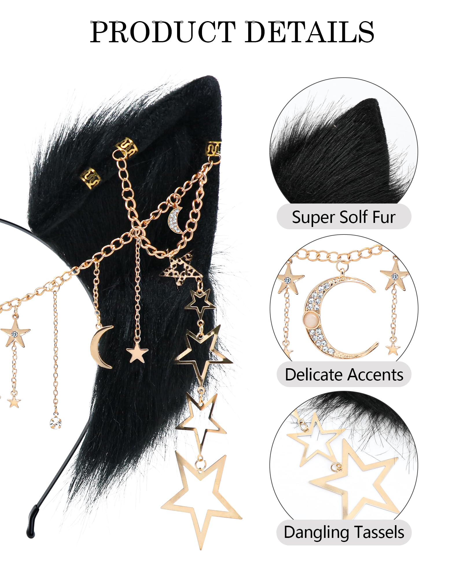 BNLIDES Handmade Furry Animal Ears Headwear Realistic Plush Adult Cosplay Accessory for Party, Anime and Convention Dress-Up: Galaxy Black