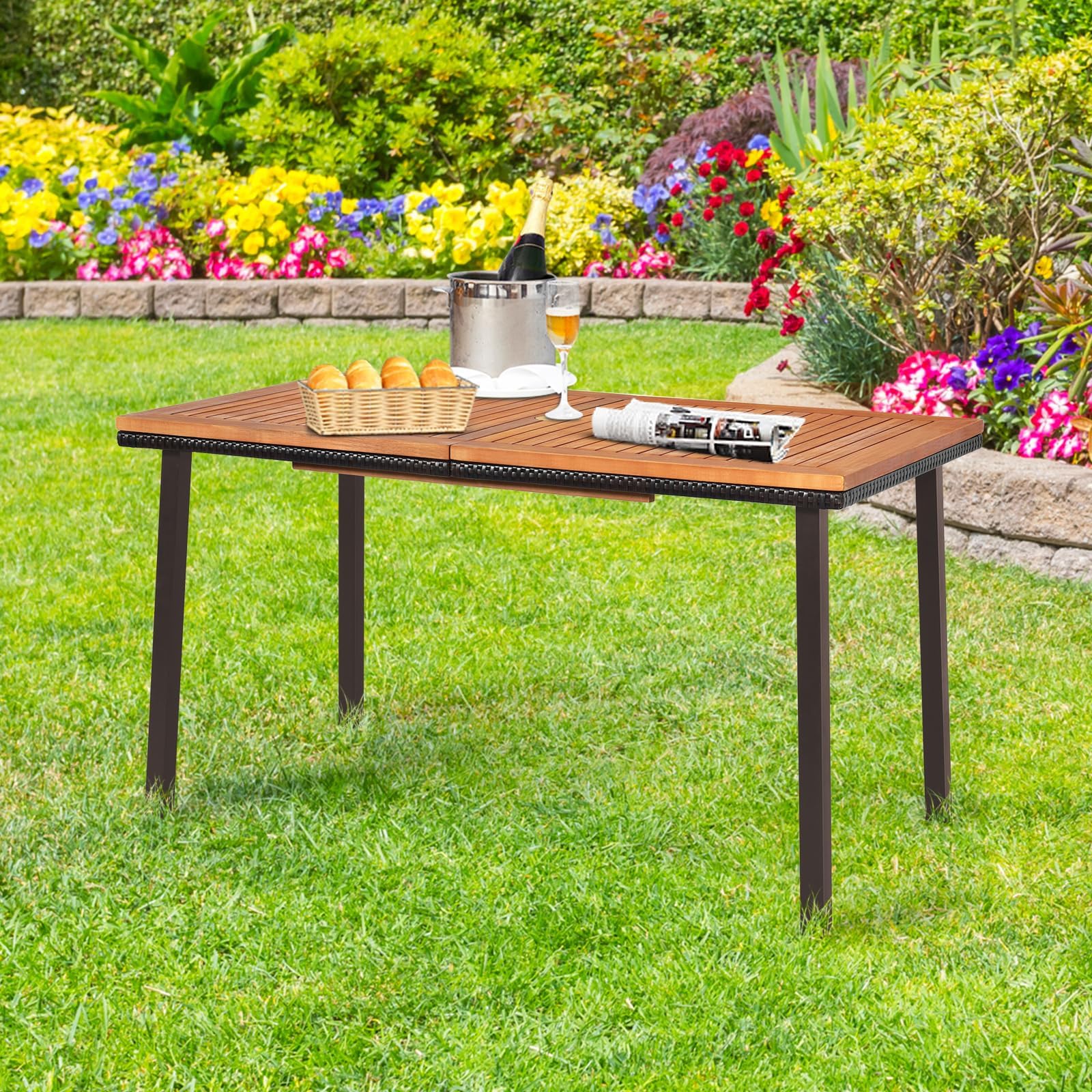 RELAX4LIFE Tavolo da Giardino in Legno di Acacia con Foro Ombrellone 6 cm, Gambe in Metallo, per 6 Persone, Design a Doghe per Esterno, Terrazza, Patio, Portata 50KG (140x75x76cm, Rettangolare)