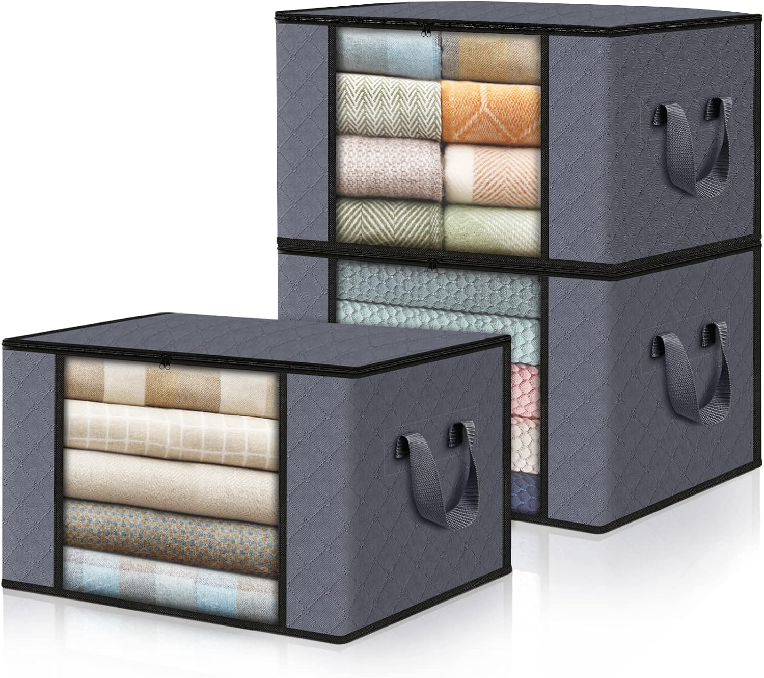 Fabspace Storage Bags Large Capacity Clothes Storage Bins With Durable Handles Sturdy Zippers Thick Fabric for Clothing, Comforter, Blanket Storage Collapsible Closet Containers, 3 Pack, 60L, Grey