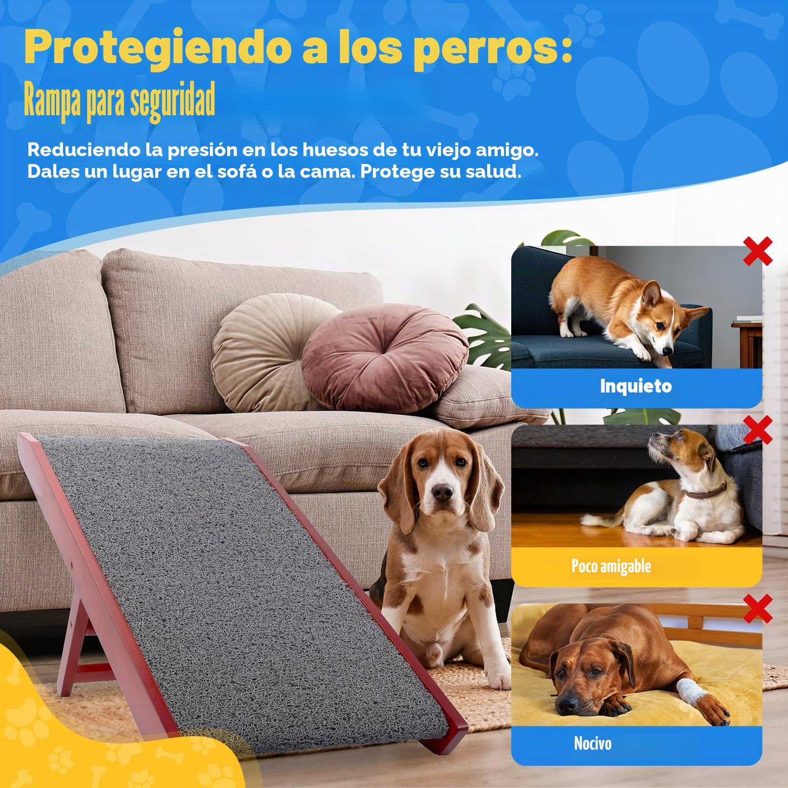 Rampa para perros - Ajustable 34-61,5 cm Diseño de protección contra el lavavajillas Madera de abedul plegable para cama sofá coche, antideslizante para mascotas