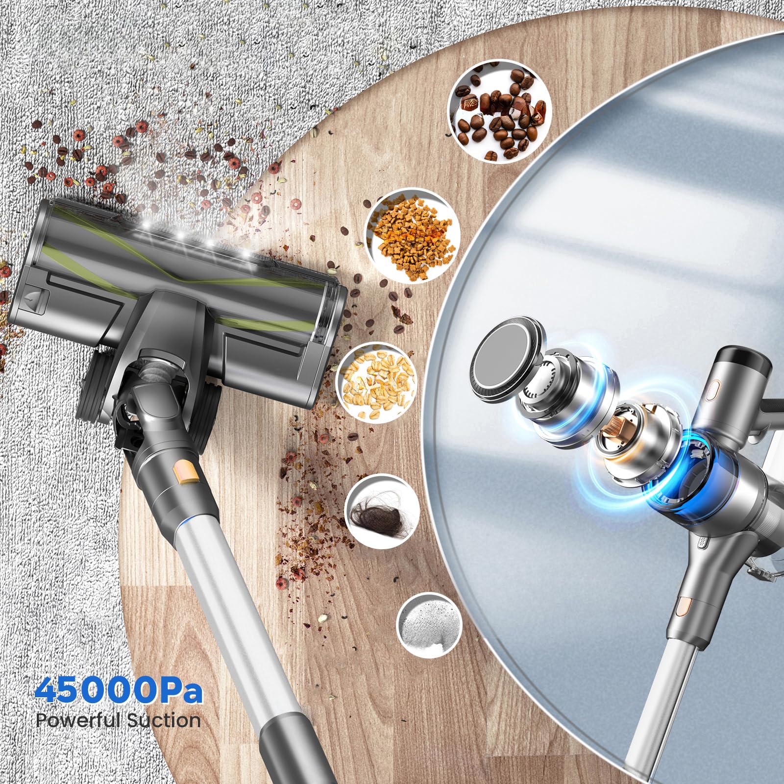 Aspiradora Sin Cable Potente 45KPa, 55 Min, Aspirador Escoba Vertical Inalámbrico con Filtro HEPA, Modo Automático, LED y Batería Extraíble, para Suelos/Alfombras/Pelo de Animales