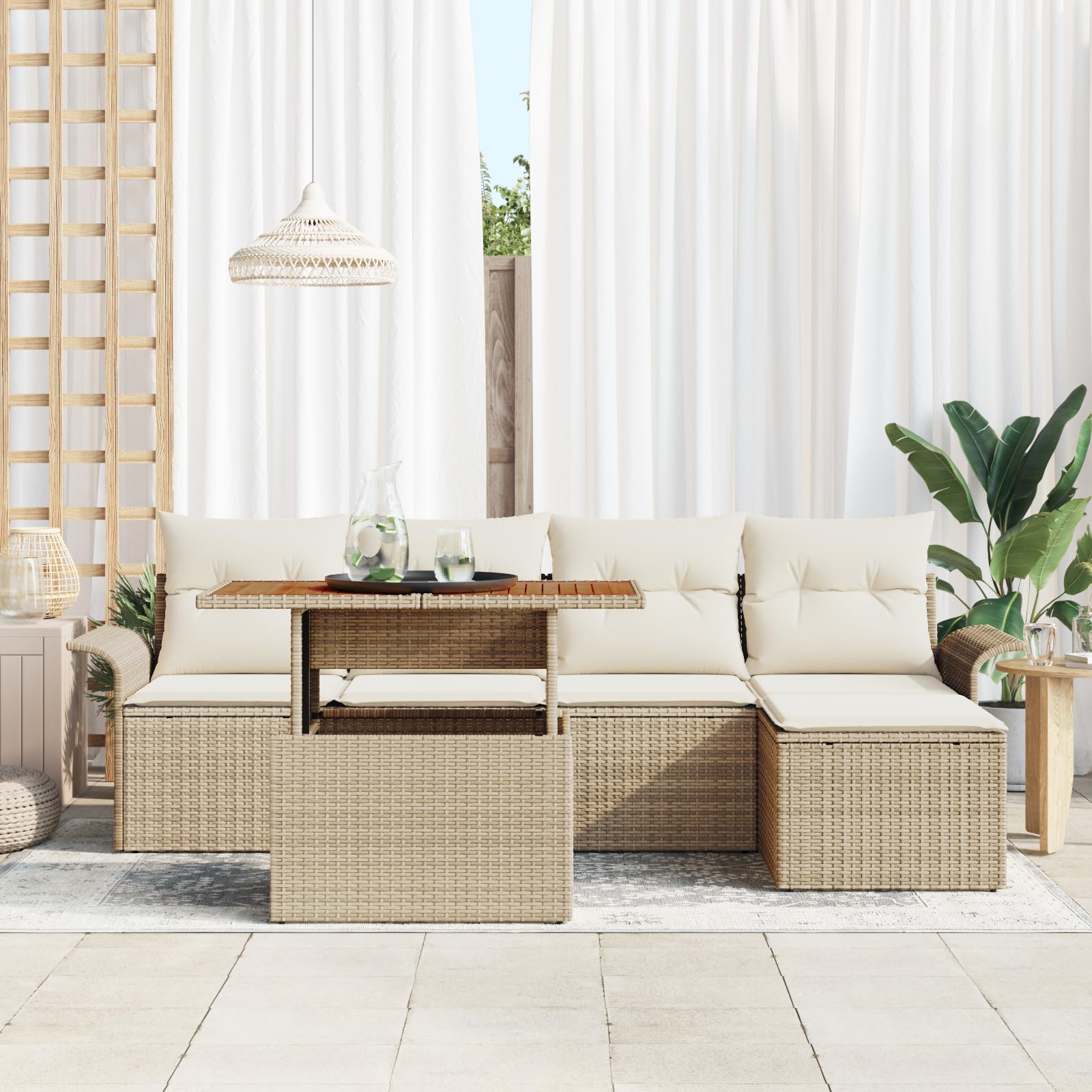 Juego de 6 sillas de comedor de jardín con cojines beige de polirratán de acacia para exteriores, resistente a la intemperie