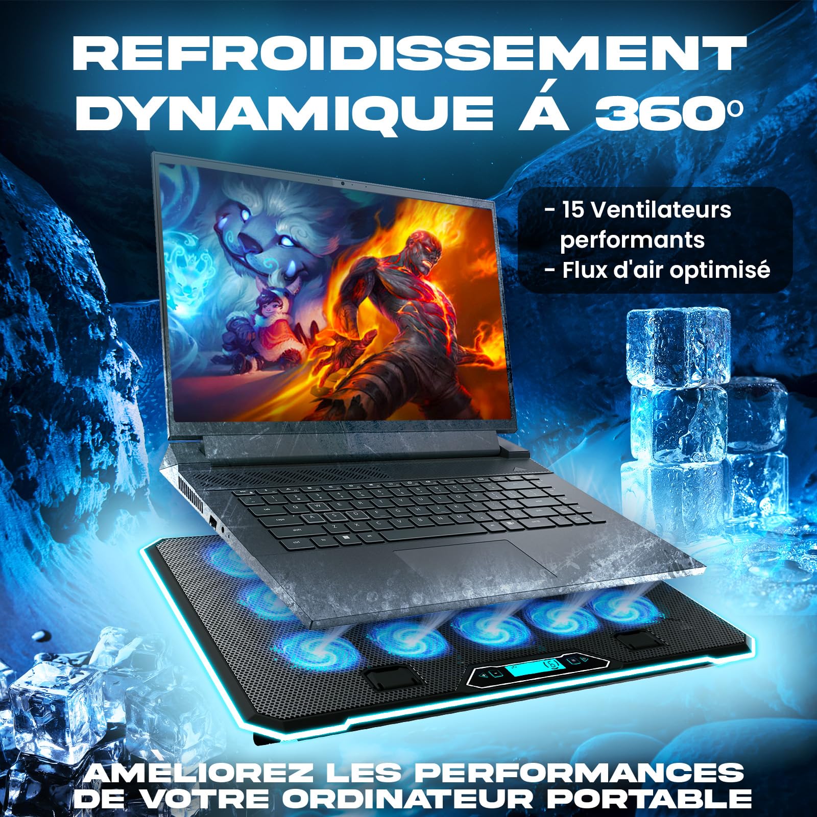KLIM V15 Refroidisseur PC Portable + 15 Ventilateurs RGB + Ventilateur PC Portable + Support Pc Portable Gaming 10-17 Pouces + 2 Ports USB + Porte-Smartphone + Protection 5 Ans