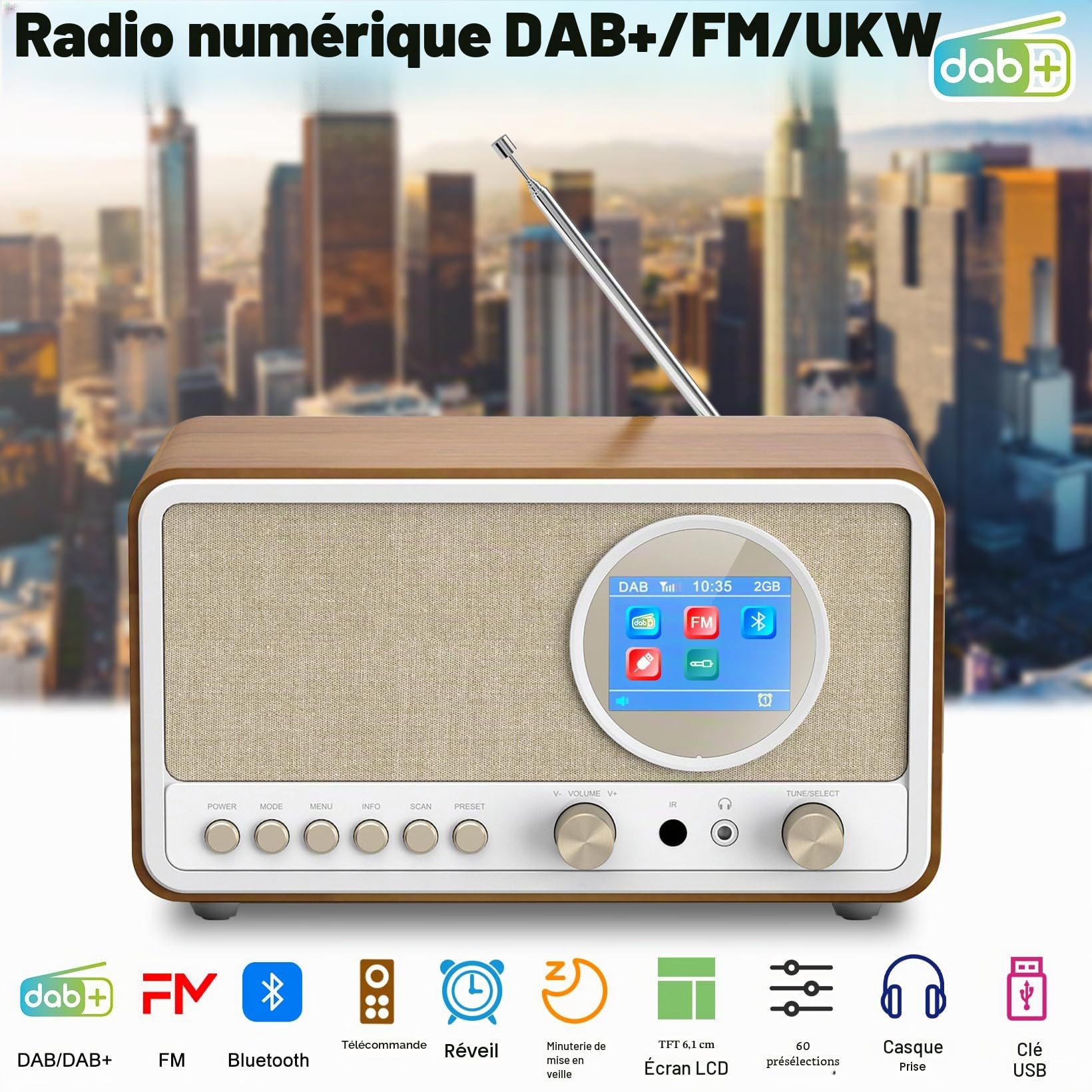 Wholede Radio DAB+/FM avec Bluetooth, radio numérique de cuisine, radio DAB Plus, radio avec télécommande, radio de cuisine, radio-réveil avec minuterie de sommeil, alarme Snooze - USB/AUX-IN, noir