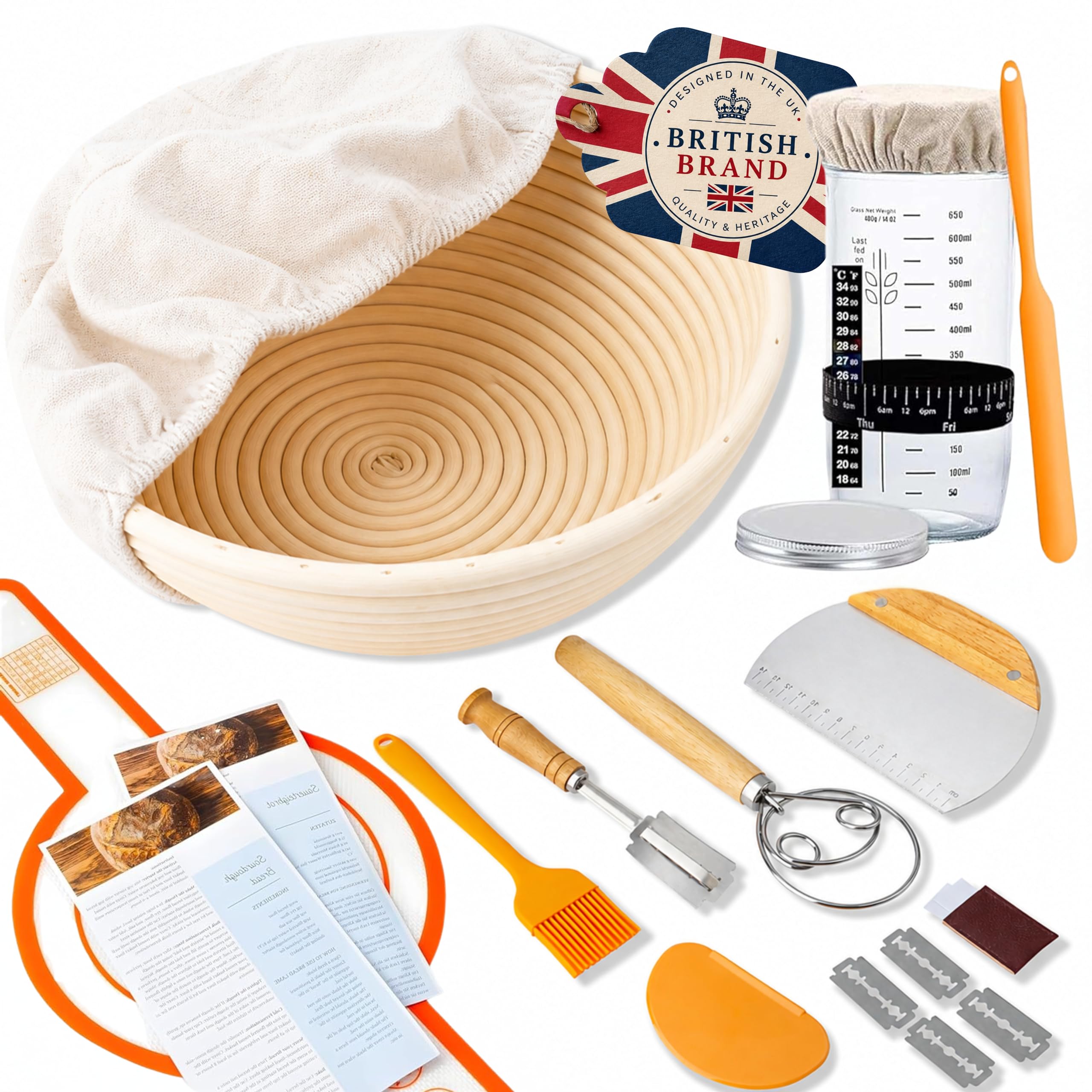 Sourdough Bread Baking Supplies, Sourdough Starter Jar, Handmade Eco-friendly Banneton Bread Proofing Basket, Sourdough Starter Kit, Bread Making Supplies Tools (orange, 15pcs)