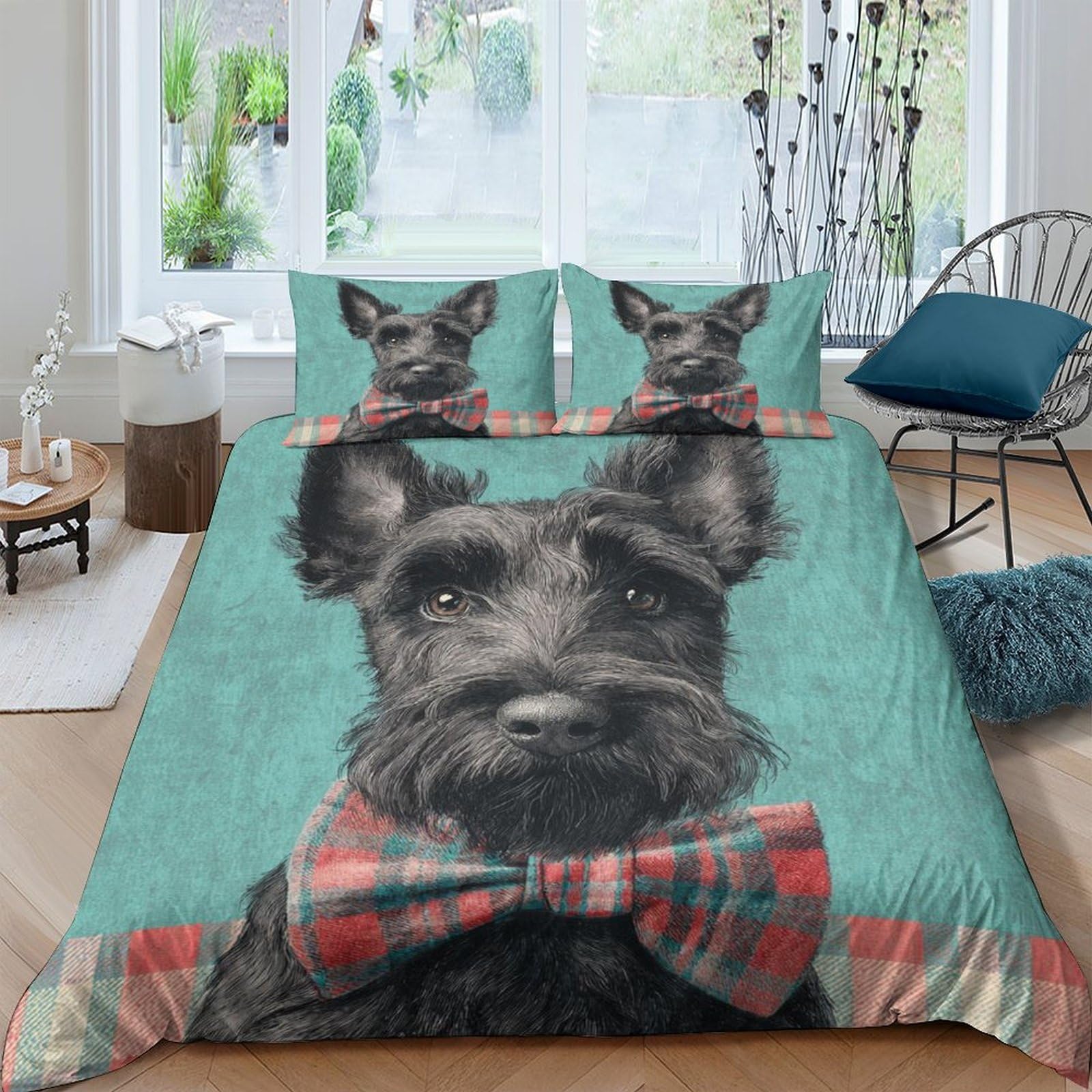 Ctjqhvkz Style-10 3D Printed Scottish Terrier Dog Fitted Sheet Microfiber Soft Anti-Slip Plaid Bowtie Bed Cover For Bedroom Guestroom Single（135X200cm）