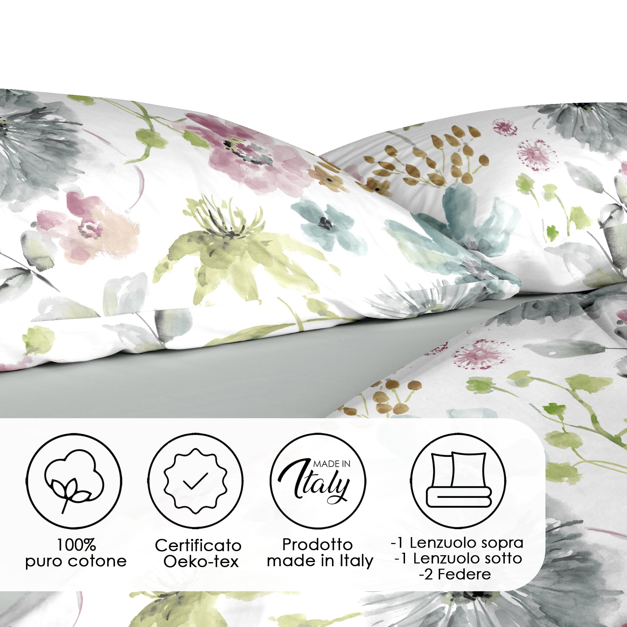 Ruggeri Lenzuola Completo Letto Matrimoniale Cotone, Made in Italy, Eden | 1 lenzuolo sopra 250x290 cm, 1 lenzuolo con angoli 170x200 cm alto 25 cm e 2 federe 50x80 cm con chiusura a sacco di 20 cm