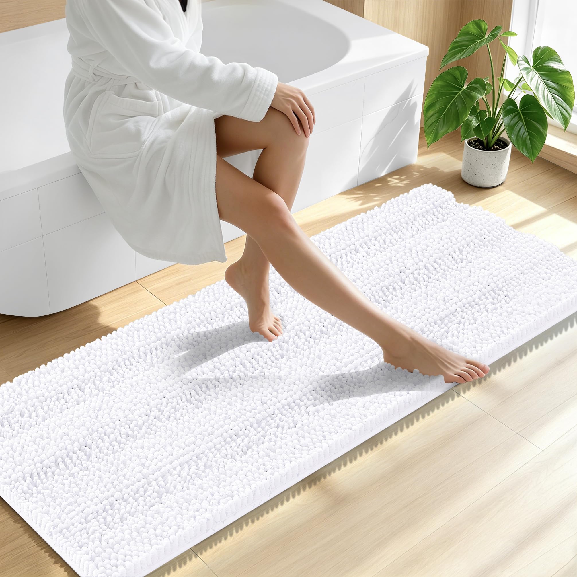 Smiry Thick Chenille Bathroom Runner Rugs 59x20, Absorbent Bath Mat, White