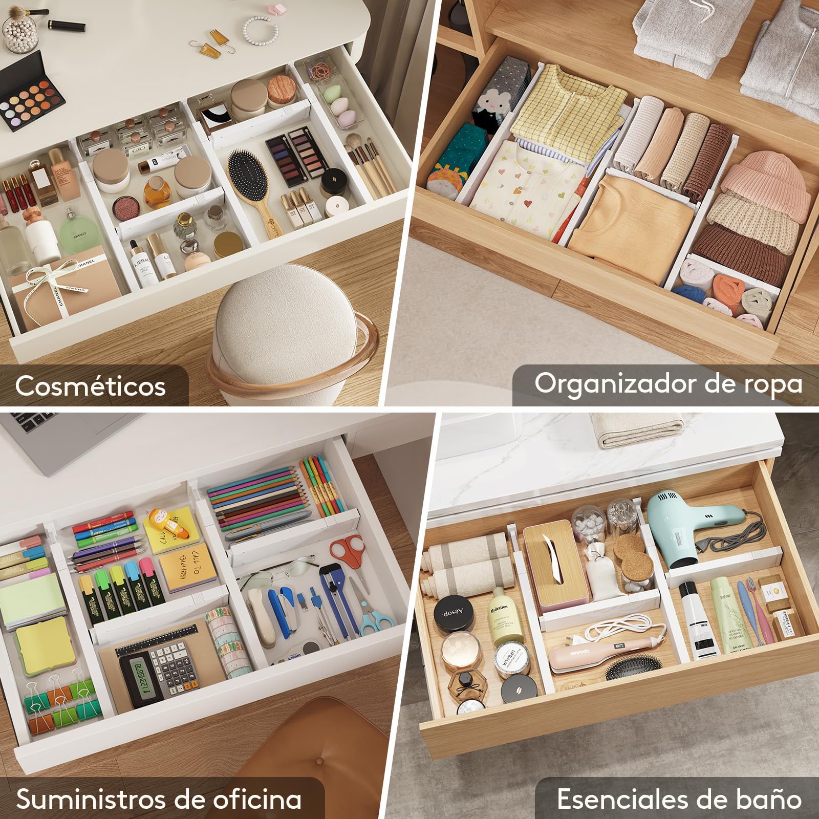 Lifewit Divisores de Cajones 28-40cm Ajustable Altura 6cm Organizador Armario Blanco 5 Paquetes
