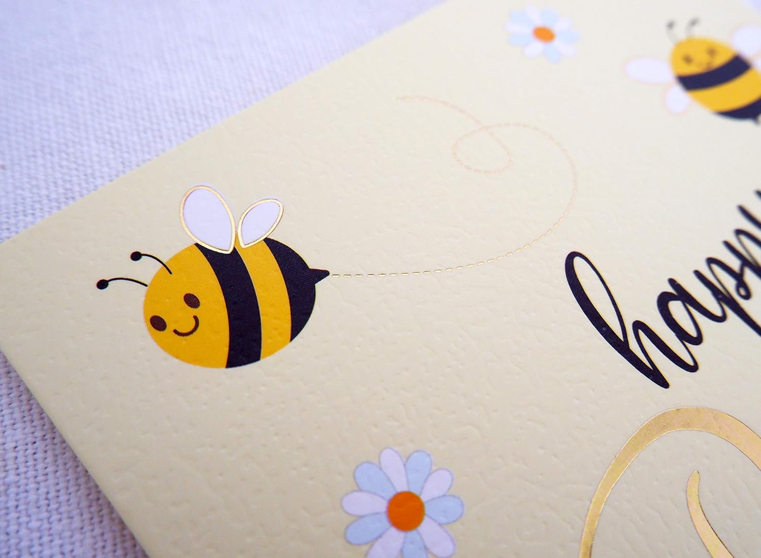 CHRIZ.Z Birthday Card - Single Happy Bee Day Birthday Greeting Card For Bee Themed Party - Gold Foil Bees and Lettering on Yellow Textured Paper with Kraft Envelope - 5" x 7" - Blank Inside - Image 4