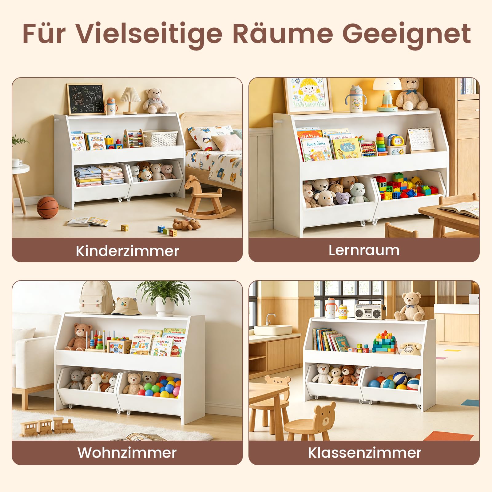 Kinderregal mit Boxen auf Rollen, Spielzeug Aufbewahrung, Bücherregal Kinder, Spielzeugregal Möbel für Kinderzimmer, Regal weiß mit 2 Schubladen - 91x30 x60 cm