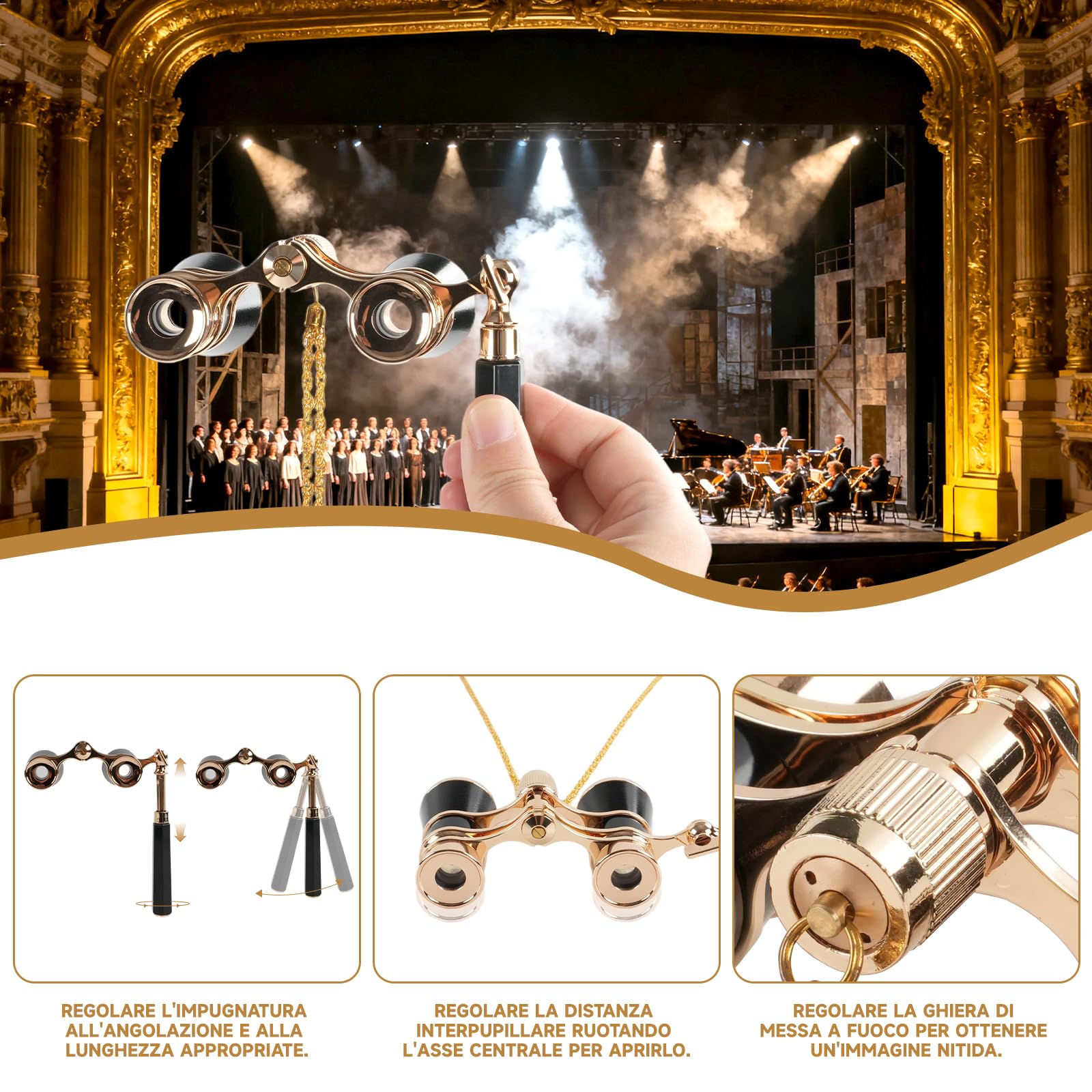 Binocolo da Teatro 3x25, Nero - Lenti BK7 Ottiche, Manico Regolabile e Catena - Design Vintage Compatto per Opera, Concerti e Sport - Regalo per Adulti e Bambini