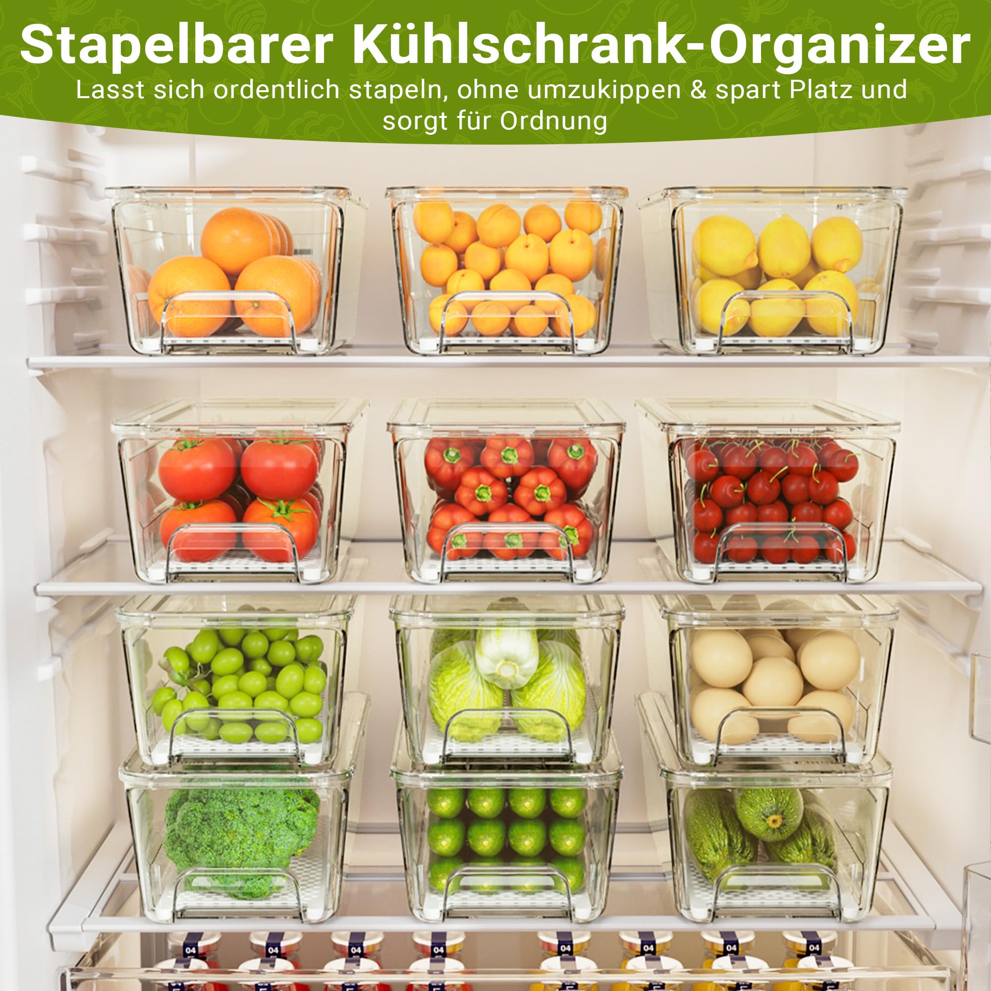 Imncya 6er-Pack stapelbare Auszugsschubladen für den Kühlschrank, transparente Kühlschrankschubladen mit Deckeln, stapelbare Aufbewahrungsschubladen für Gemüse, Obst und Lebensmittel