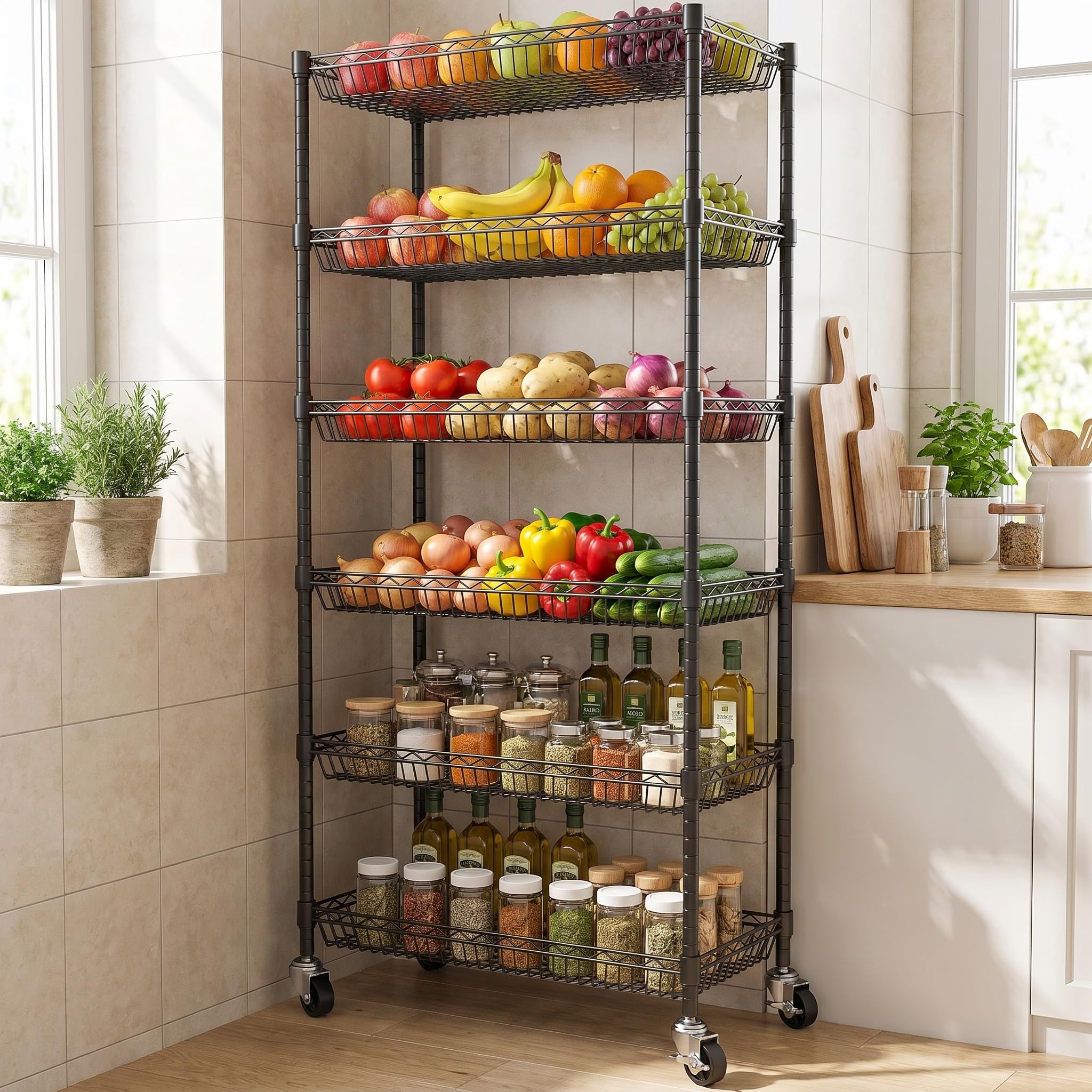 Himimi Estantería Metálica de 6 Niveles con Ruedas, Estante Ajustable en Altura Independiente, Organizador de Cestas de Alambre Metálico para Cocina, Baño, Dormitorio, Salón, 76×34×165 cm Negro