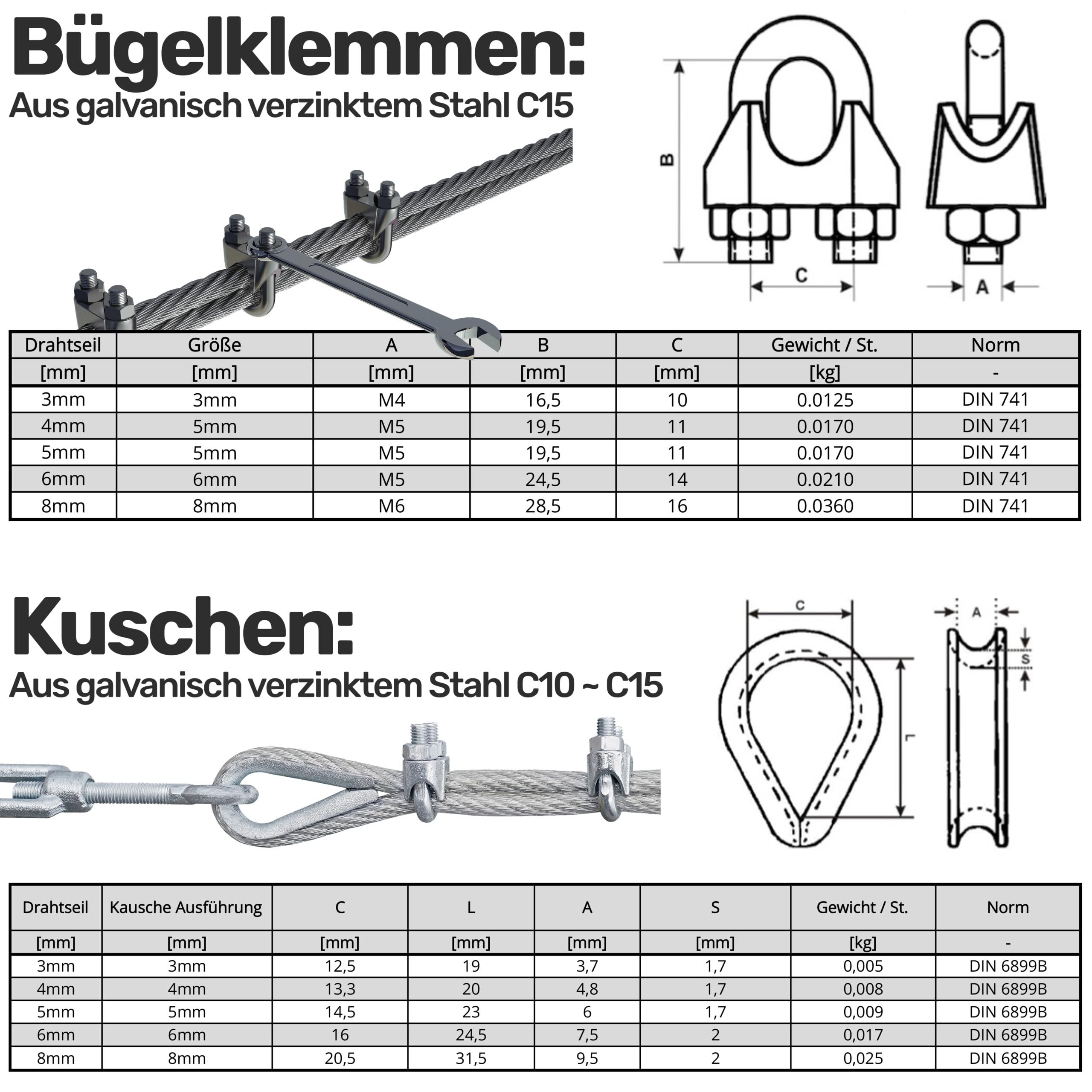 Drahtseil Set 6 - Stahlseil 50m 4mm 6x7 verzinkt, 4x Spannschloss Haken/Öse, 16x Bügelklemmen, 16x Kauschen