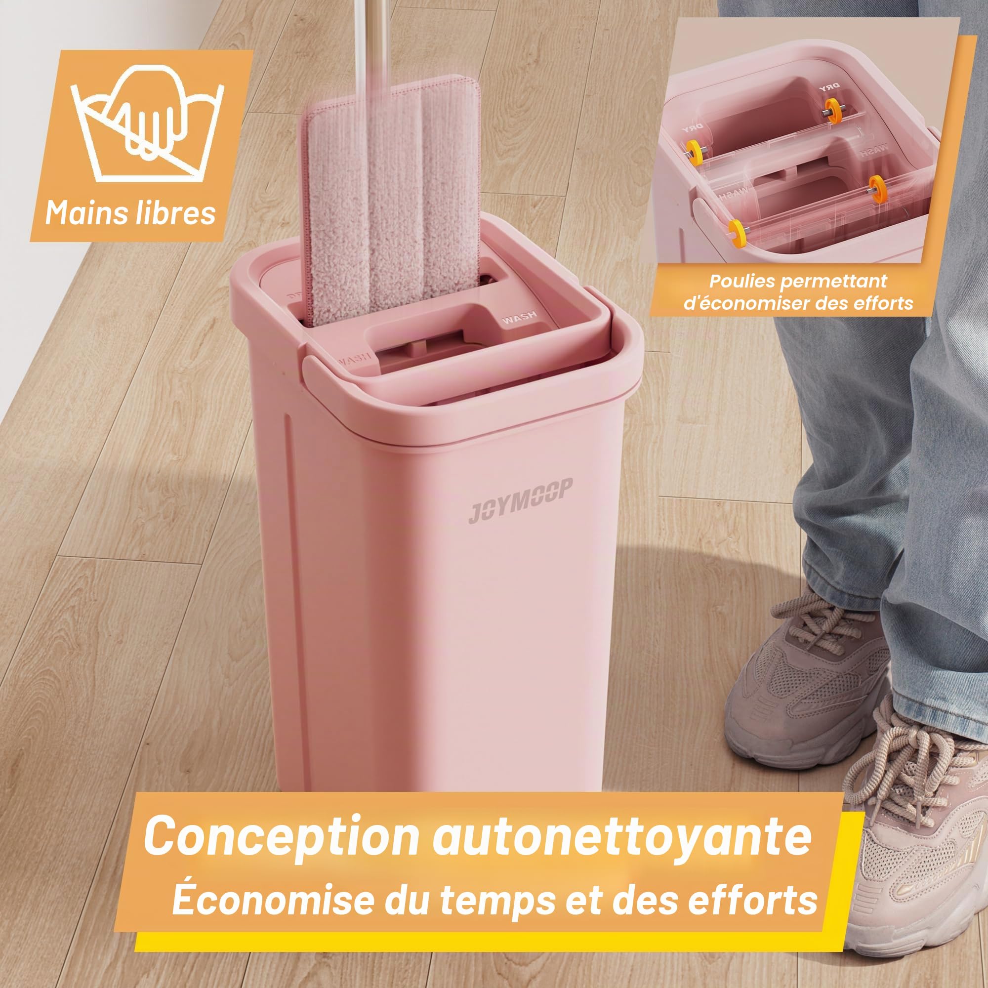 JOYMOOP Serpillère et seau avec essoreuse, balai à main libre, serpillère de 152,4 cm avec 3 tampons microfibre réutilisables