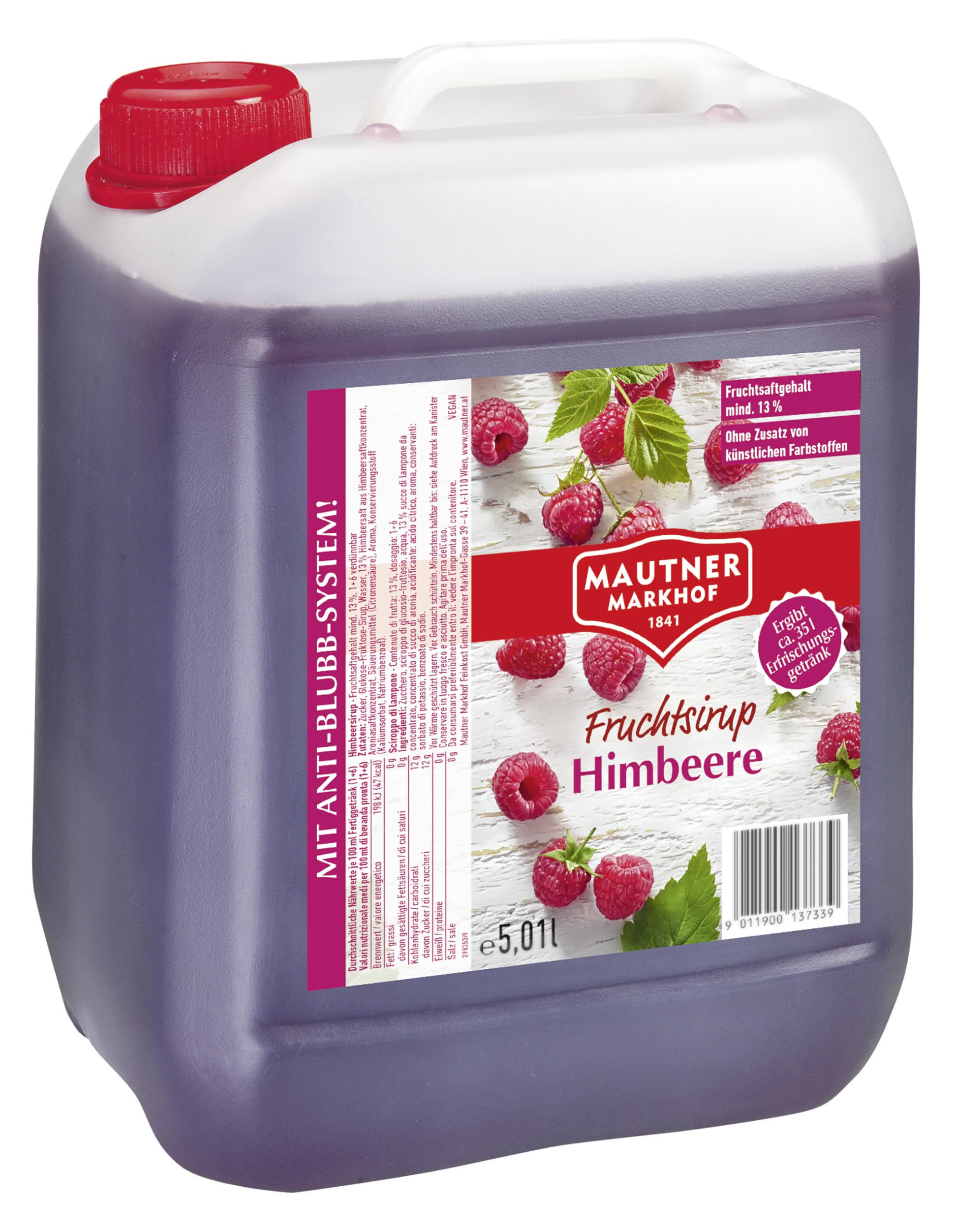 Mautner Markhof Himbeer Sirup – 5 L Gastro-Flasche – fruchtiger Mix-Sirup für Bars & Gastronomie