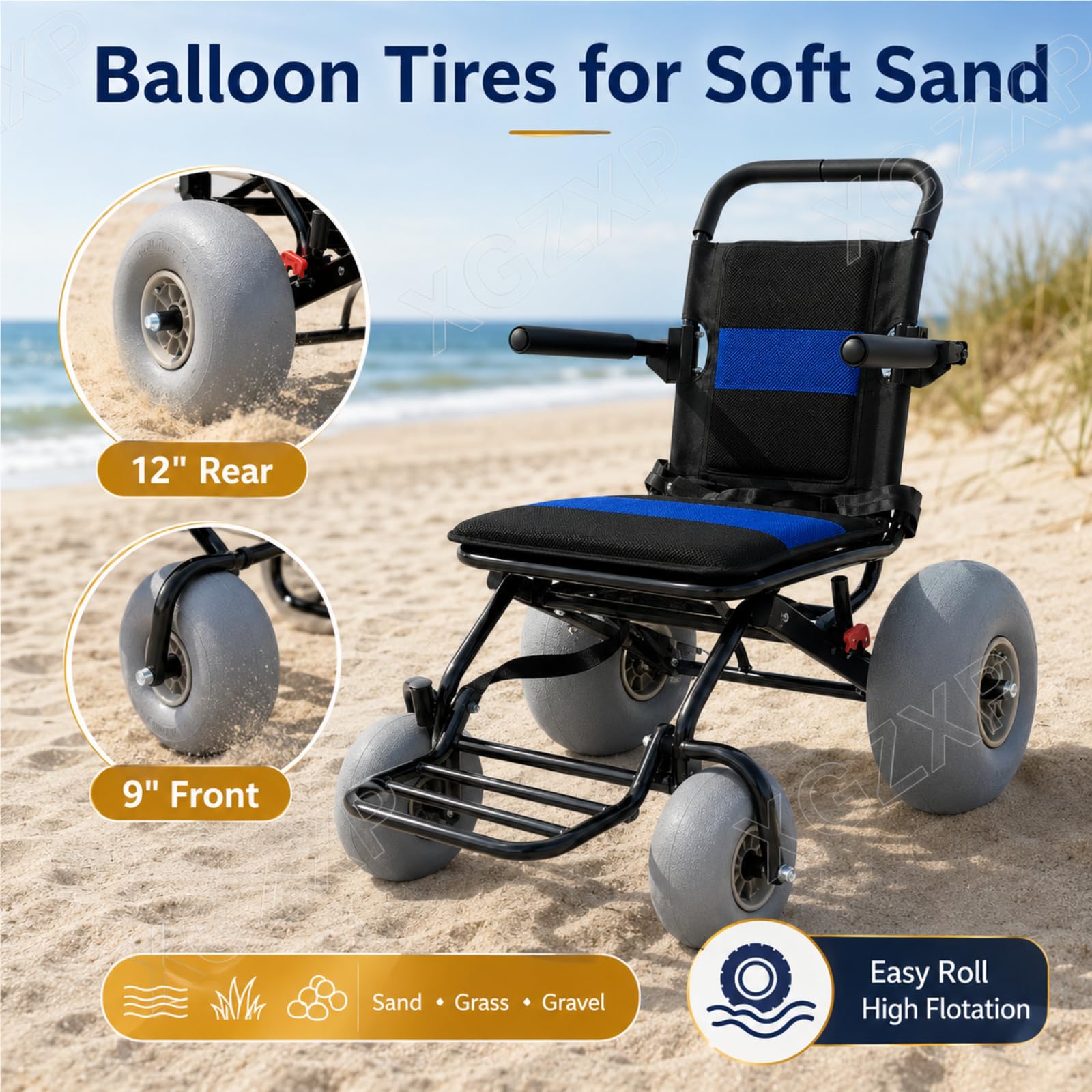 Silla De Ruedas Todoterreno Para Playa, Plegable, Con Neumáticos Anchos, Capacidad De 100 Kg, Reposapiés Plegable, Para Playa, Césped, Grava Y Acceso Al Agua
