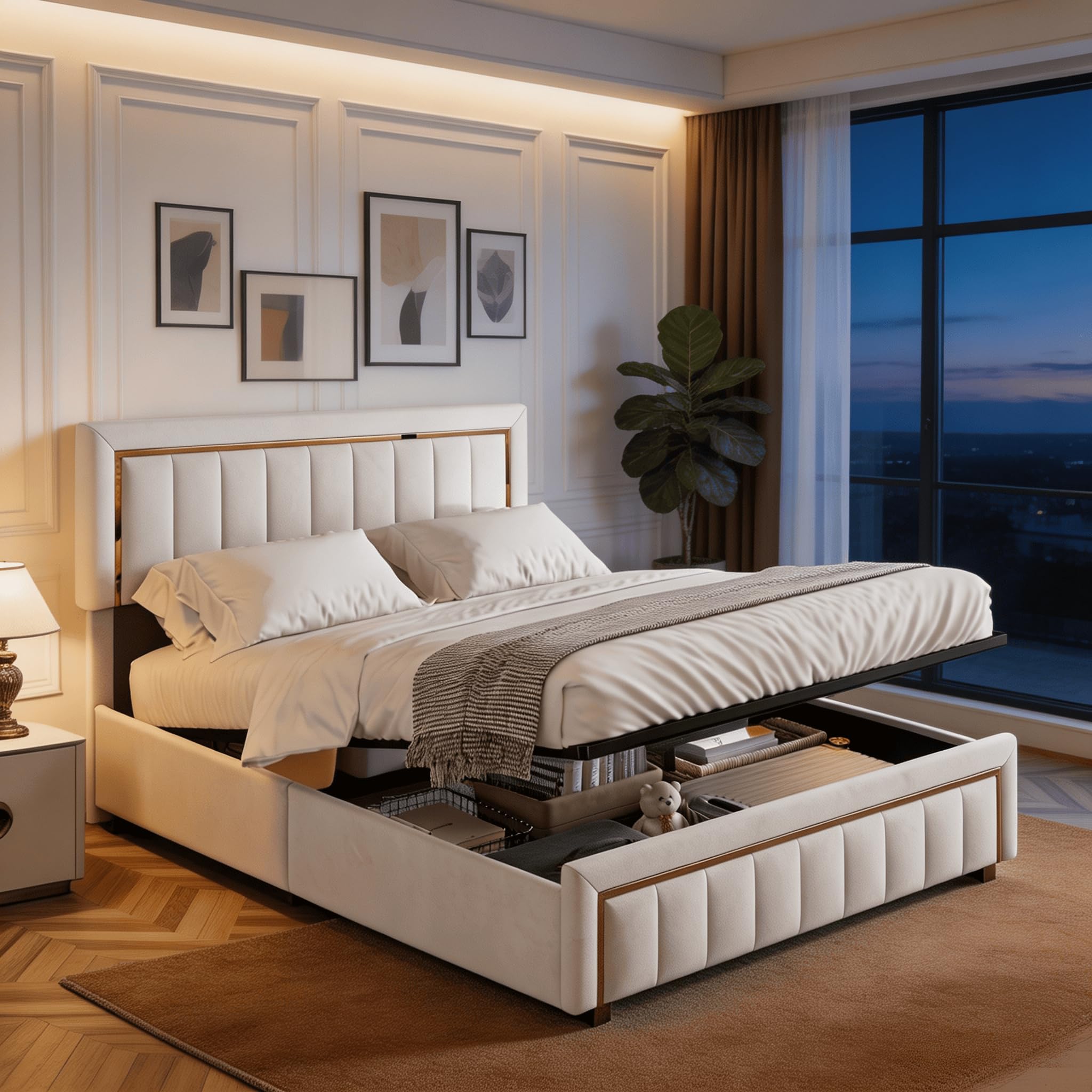 Letto matrimoniale 140x200, letto imbottito con vano contenitore, rete a doghe, struttura idraulica, dettagli dorati verticali, design elegante, beige (140x200 cm)