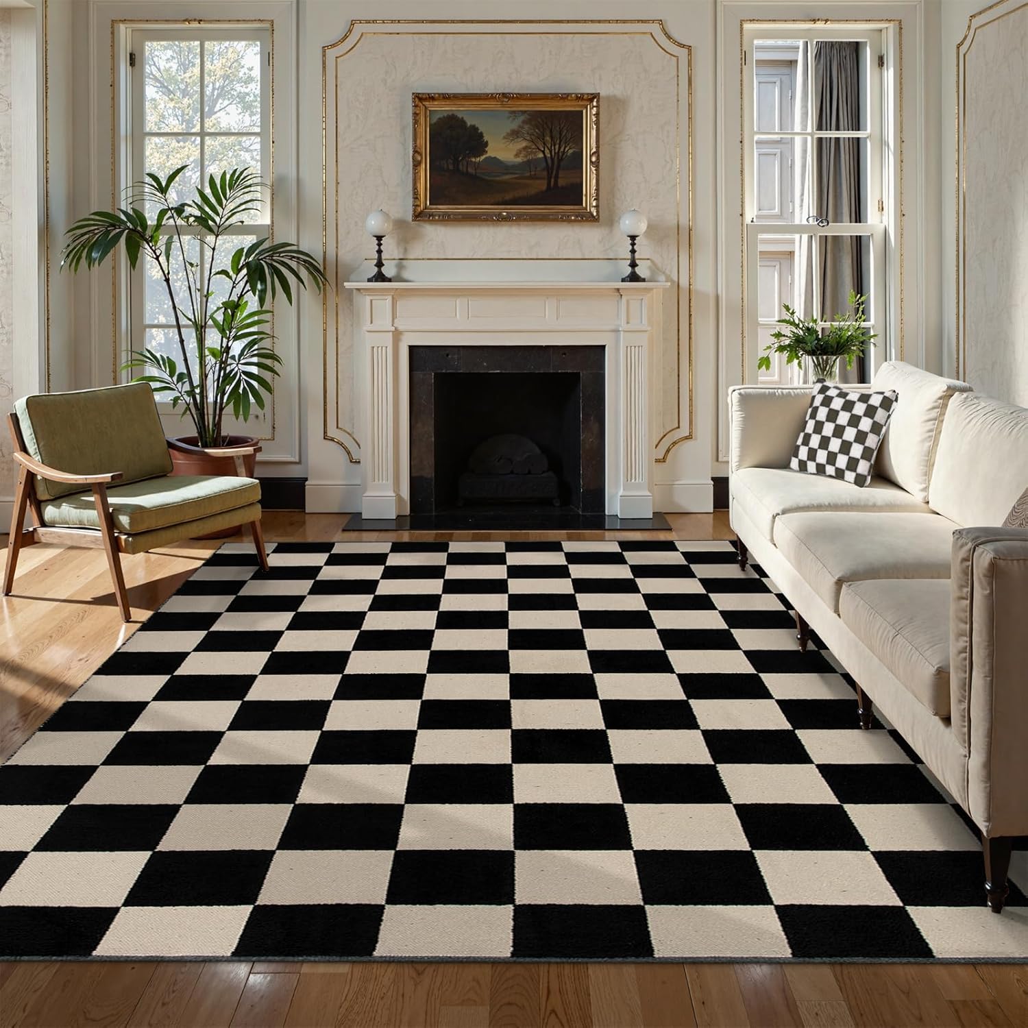 Lahome Checkered Rug 8x10 for Living Room, Boho Large Black Rugs for Bedroom, Cotton Woven Low Pile Checkerboard Carpet for Dining Room, Modern Washable Black and Tan Carpets (Black/Khaki)
