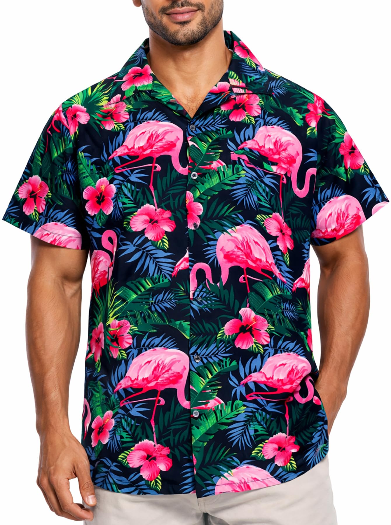 King Kameha Men's Flamingo-Flowers-Design-Black-Pink Funky-Flamingos Short-Sleeve Hawaiian-Shirt Novelty Summer-Vibes, Flamingo-Flowers, Black-Pink, Xs