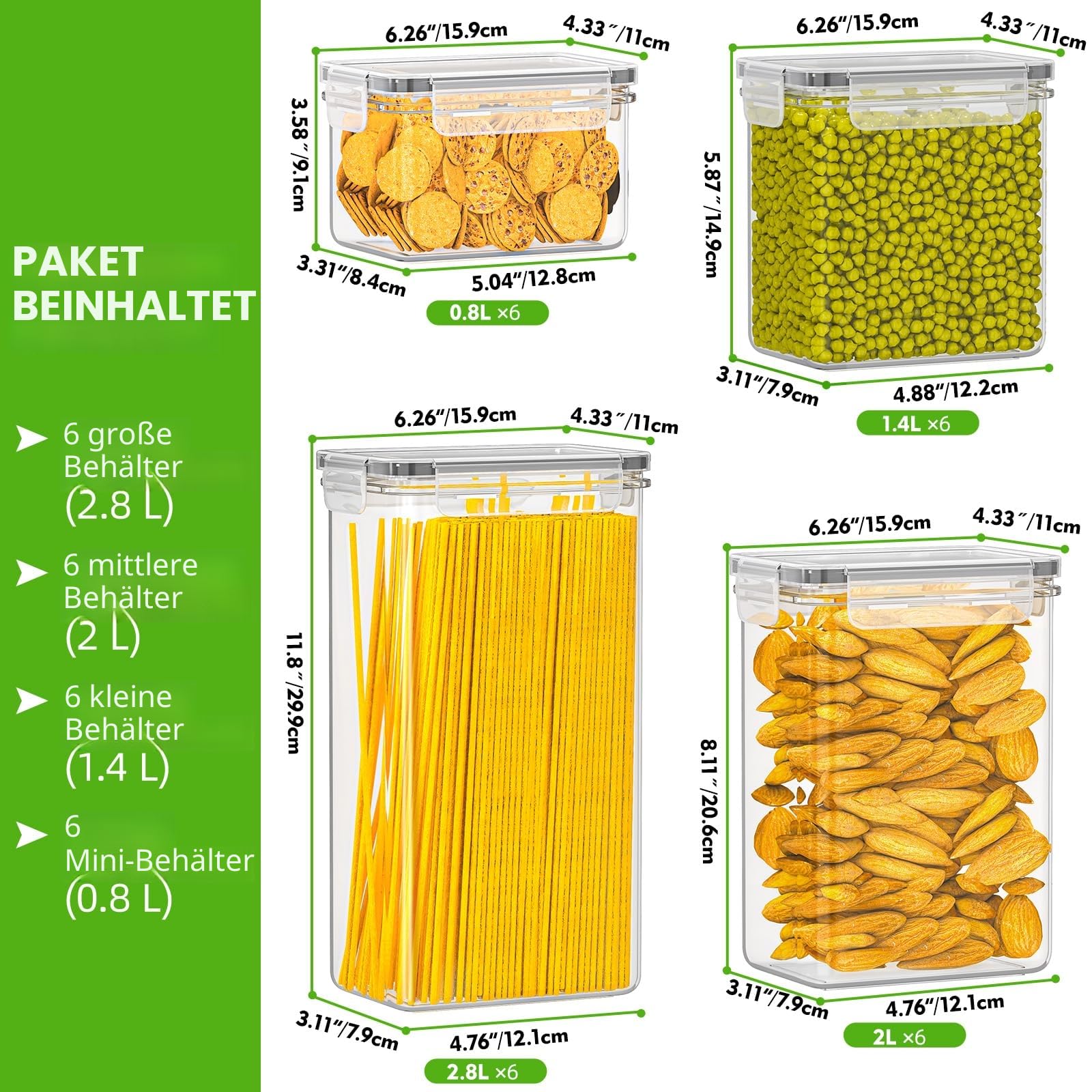 PurKeep Set mit 24 luftdichten Vorratsdosen & Kühlschrank-Organizer, BPA-frei, Küchenaufbewahrungsbehälter für Müsli, Mehl, Zucker, Körner & Backzubehör, 42 Liter großes Volumen inkl. 24 Etiketten