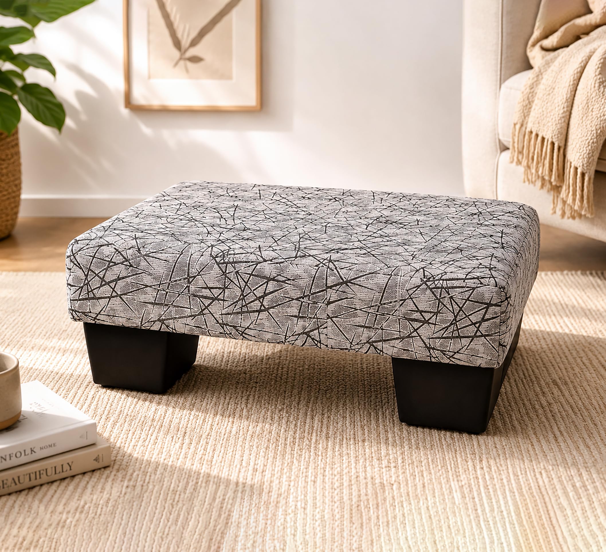 Footstool Ottoman with Padded Comfort Abstract Print Strong Base Multi-Purpose Decorative Elegant Modern Compact Rectangular Seating Resting Lightweight Cushion Bench for Living &Bed Room-image-11