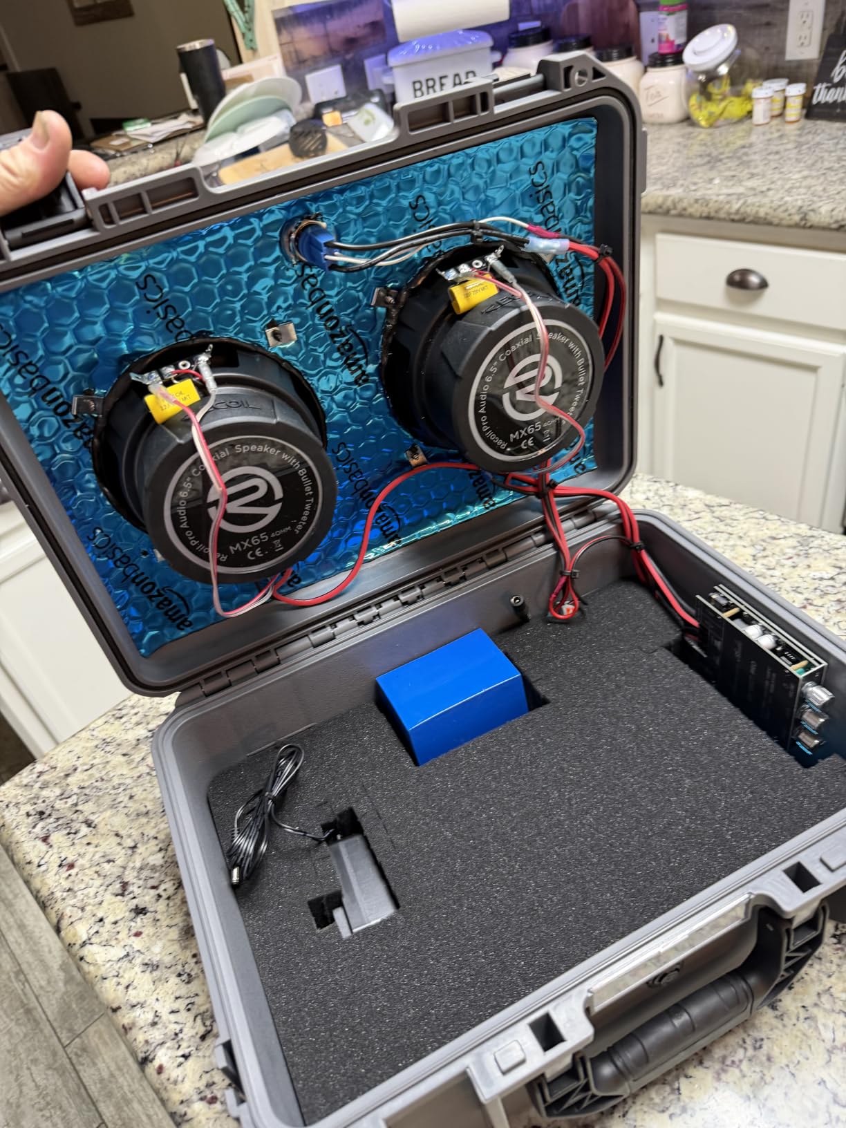 Our buyer's DIY speaker case with KBT battery and audio components