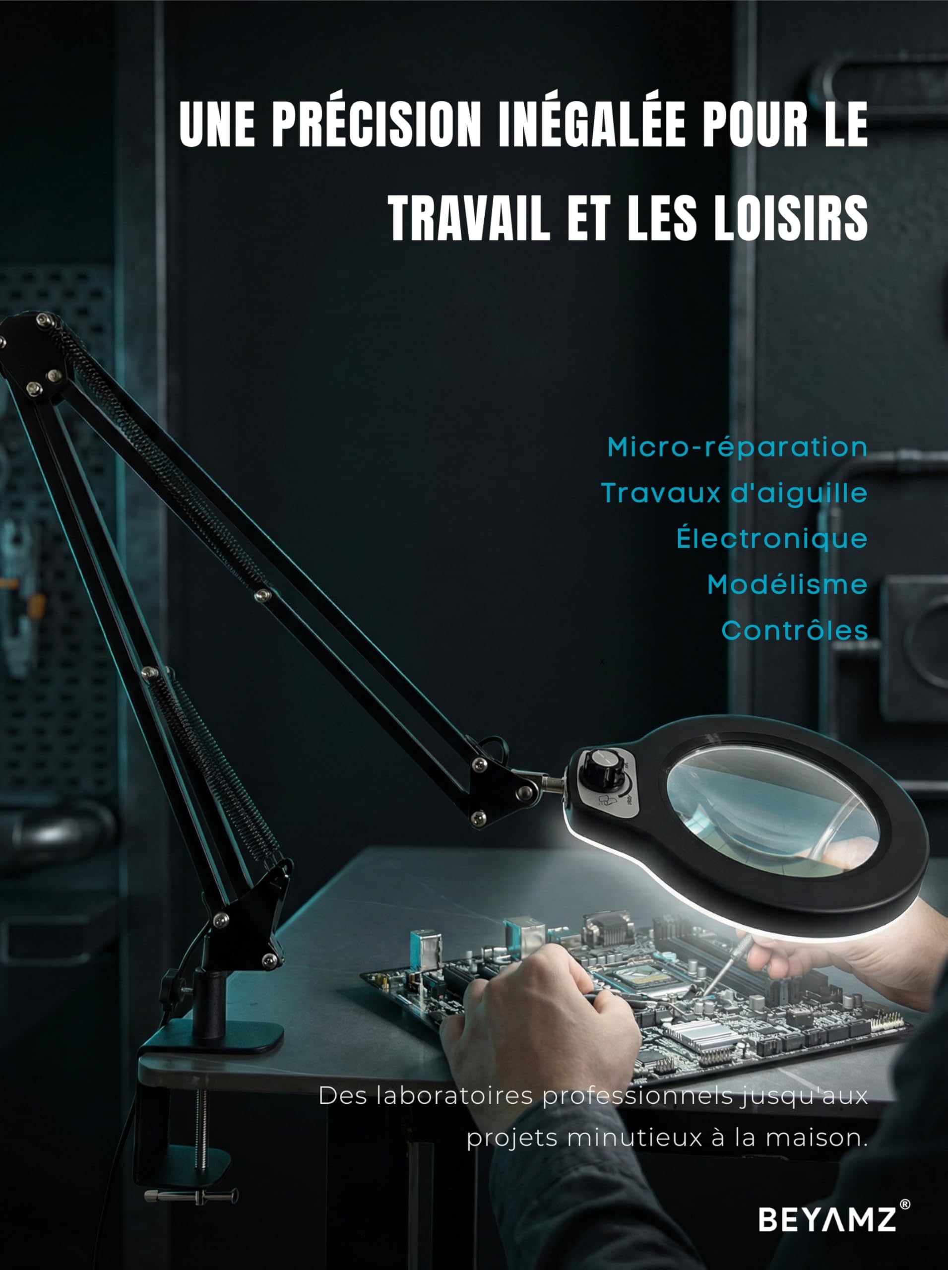 Lampe Loupe LED avec Pince, Grande Lentille Verre 5D