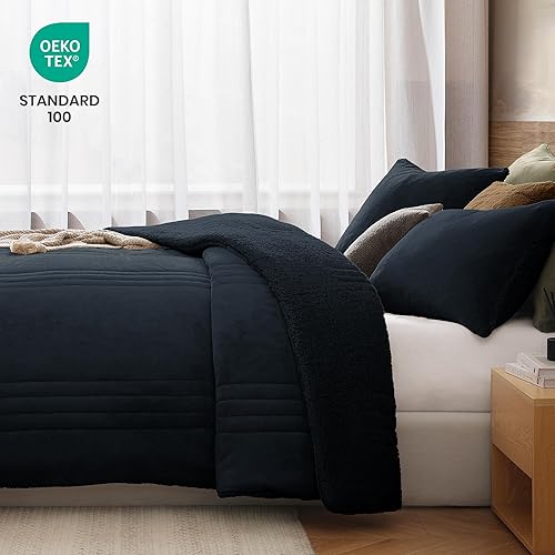 Miniatura 5 de Monbix Juego de edredón mullido tamaño Queen, color azul marino, edredón mullido de felpa Sherpa de 3 piezas para cama tamaño Queen, juego de ropa