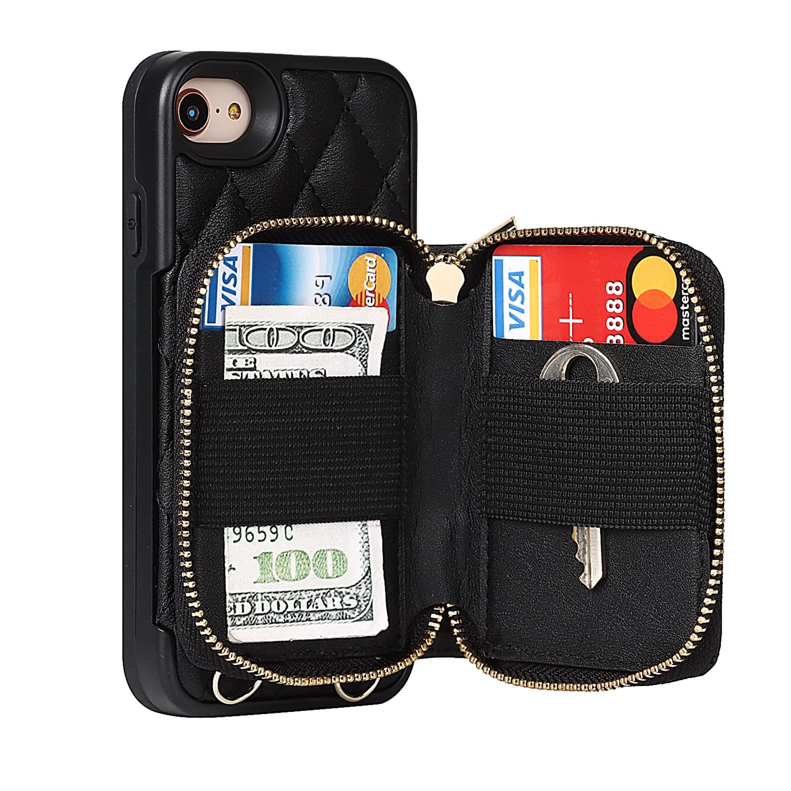Hülle für iPhone SE 2022/SE 2020/8/7, PU Leder Magnetisch Schutzhülle Crossbody Phone Tasche mit Abnehmbarer Einzigartiger Kleiner Geldbörse für iPhone 7/8/SE2/SE 3,Schwarz