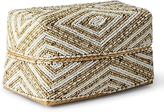 Sponsored You’re seeing this ad based on the product’s relevance to your search query.Learn more about this advertisement Karmagonia Storage Box with Bamboo Lid - Handmade Boho Decorative Box with Beads Embroidered - Storage Basket Square Decorative Basket Braided (Beige - White)