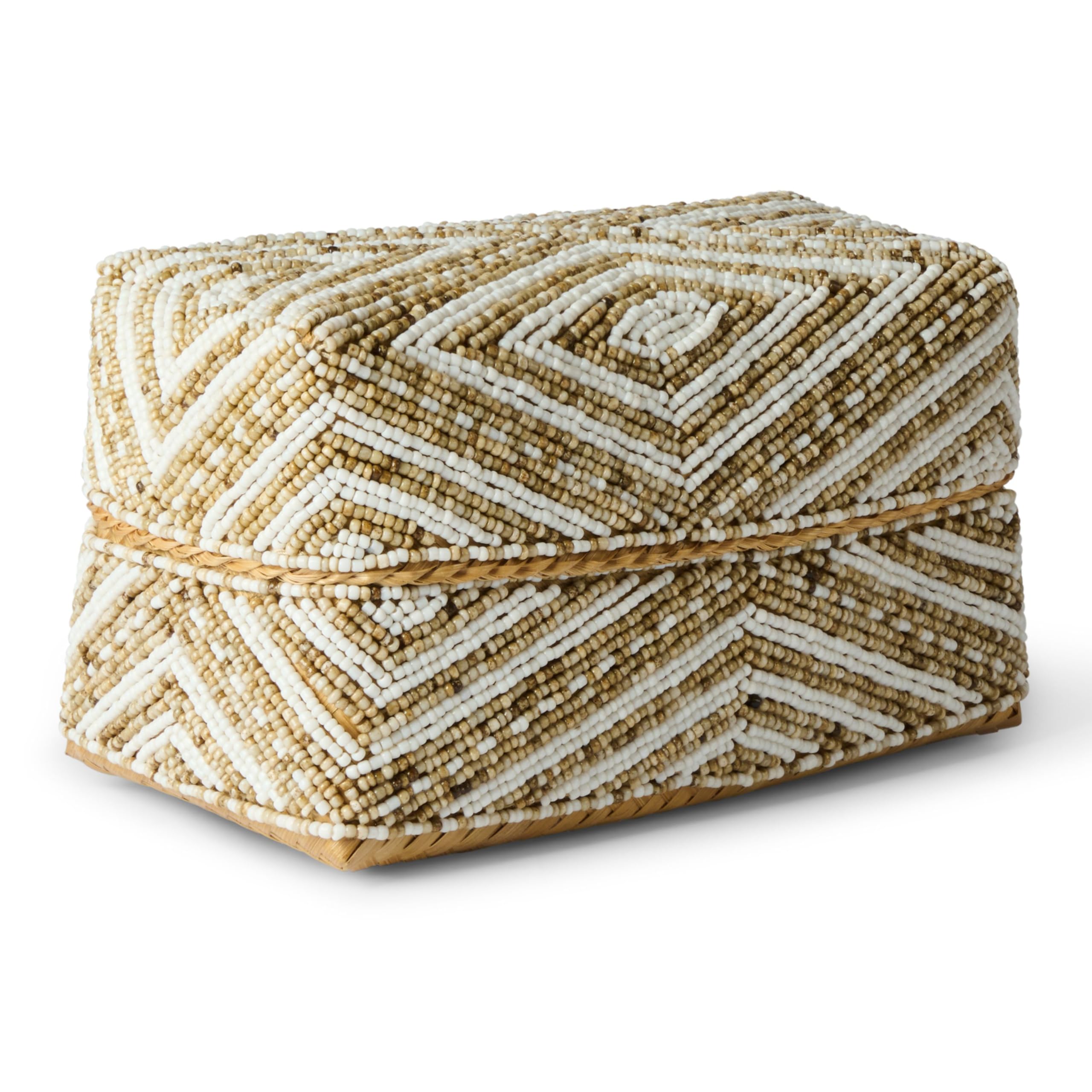 Karmagonia Aufbewahrungsbox mit Deckel aus Bambus - handgemachte Boho Deko Box mit Perlen bestickt - Aufbewahrungskorb eckig, Deko Korb geflochten