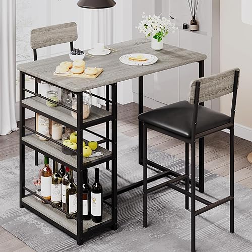 GAOMON Juego de mesa de bar de 3 piezas con 2 taburetes tapizados, juego de comedor de altura de mostrador que ahorra espacio con estantes de