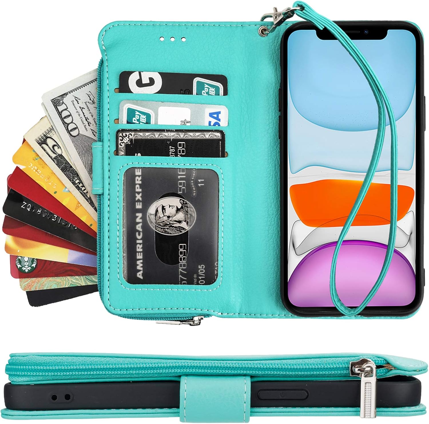 KIHUWEY Compatible with iPhone 12 Compatible with iPhone 12 Pro Wallet Case Leather Zipper with Card Holder and Wrist Strap,Kickstand and Protective Lanyard Purse Cover 6.1 inch Black