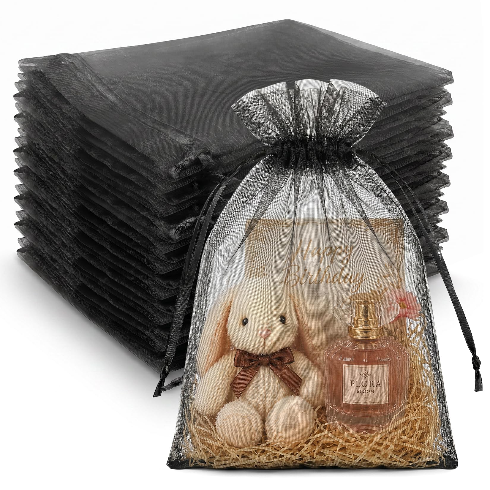Crweety 50 Pcs Large Organza Bags 8x12, Black Small Gift Bags Drawstring