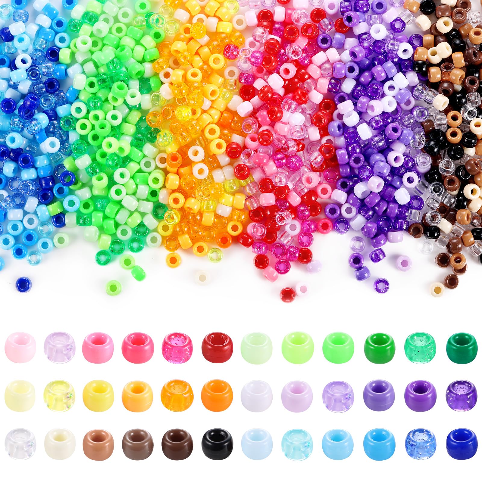 3400+ Pony Beads Bulk Set - 36 Colors Kandi Beads For Bracelets & Crafts, 6x9mm Plastic Beads