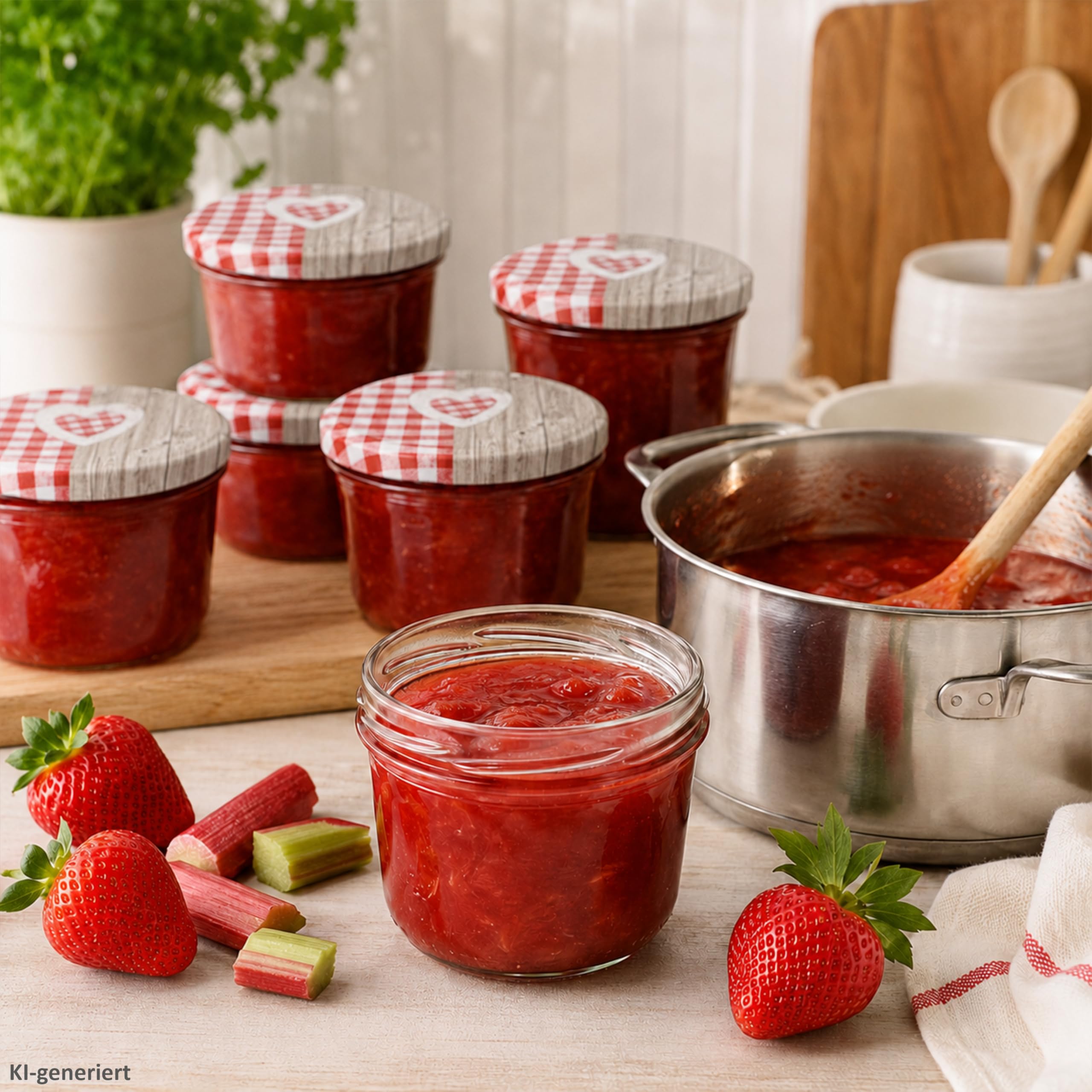 MamboCat Lot de 100 bocaux en verre 230 ml, couvercle à visser, cœur en bois rouge à carreaux, livret de recettes inclus, pour faire des conserves
