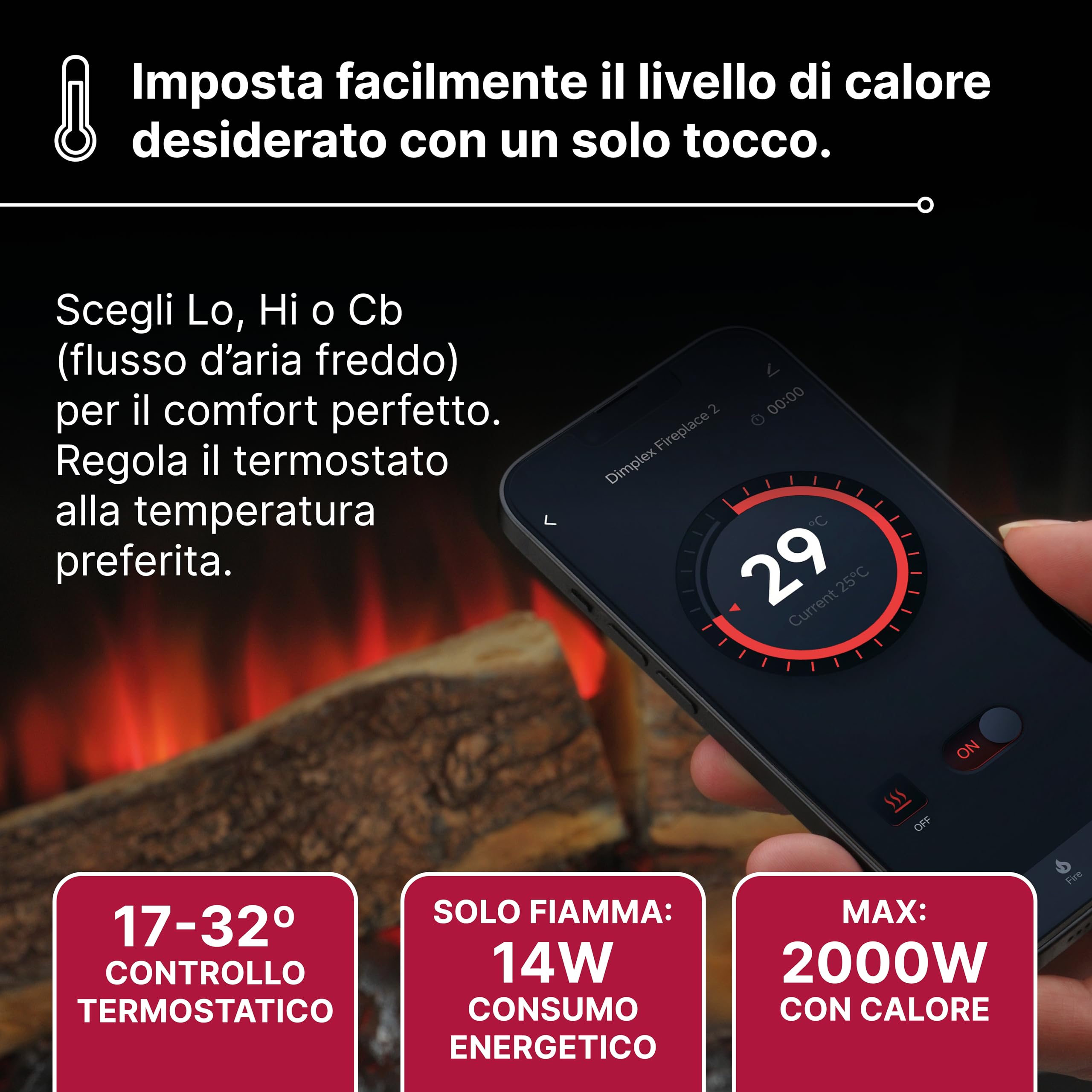 Dimplex Spark 26" Camino Elettrico da Incasso Camino Elettrico da Parete con Termoventilatore 2 kW Effetto Fiamma LED Optiflame, Velocità e Luminosità Regolabili Incluso Timer e Telecomando
