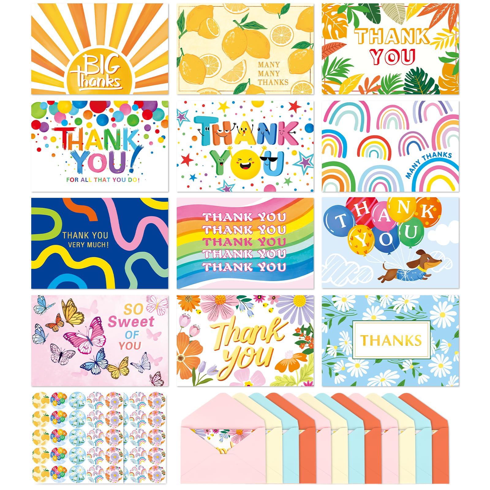 Thank You Cards Bulk Of 48 With Envelopes & Stickers-12 Different Design Blank Inside-10 * 15Cm Premium Gratitude Cards With Package Box For Weddings Kids Teacher Graduation Holiday