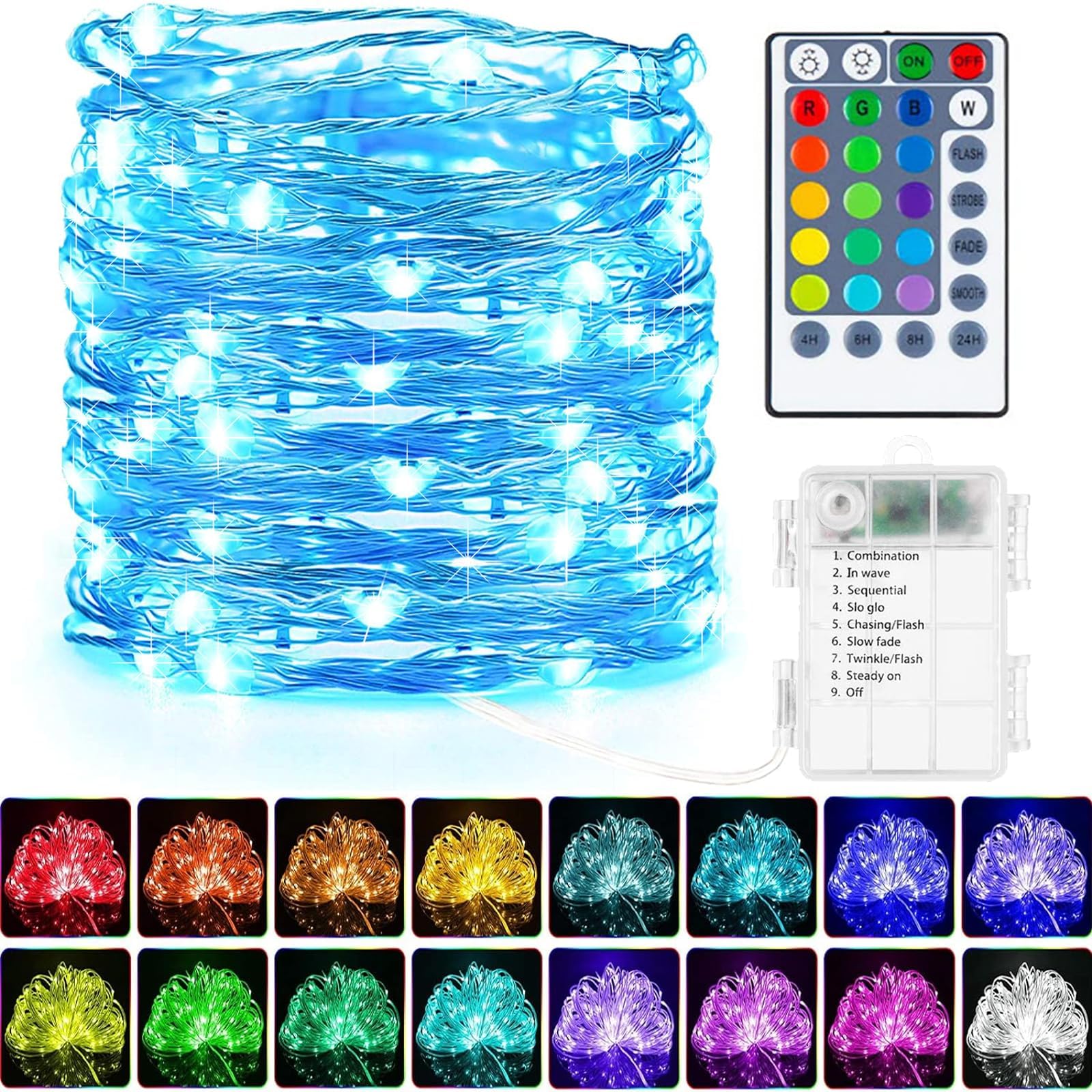 LED Lichterkette mit Batterie Innen 50 LED 16 Farbwechsel Akku RGB Lichterkette Superhelle Lichter mit Fernbedienung Timer für Weihnachtsdekorationen im Innen- und Außenbereich（1 Stück,RGB ）