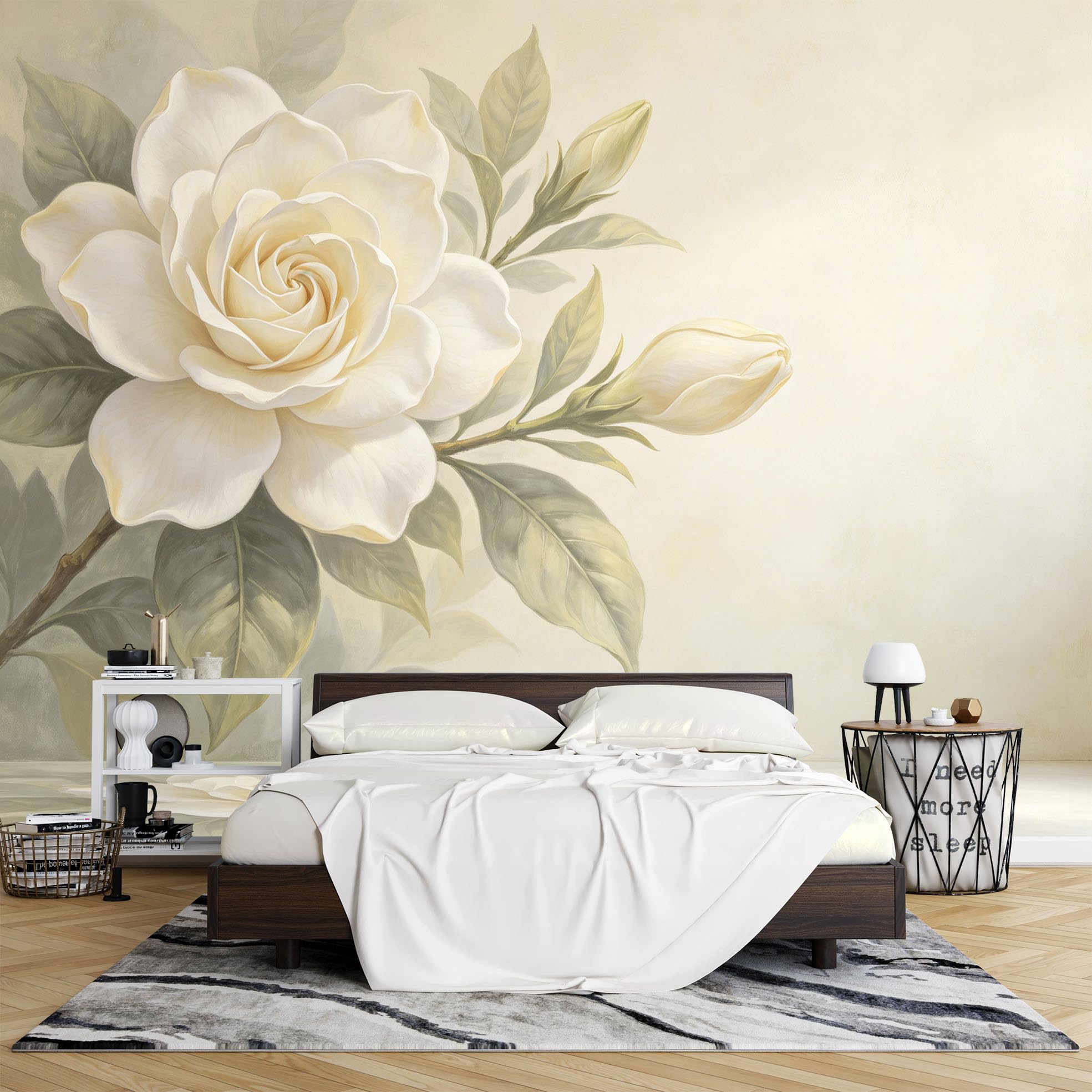 Papier Peint Fresque Murale Panoramique Intissé À Motif Floral Gardénia Blanc Grand Format 210 x 150 cm Style Peinture À L'Huile Décoration Murale Moderne pour Salon Ou Chambre.