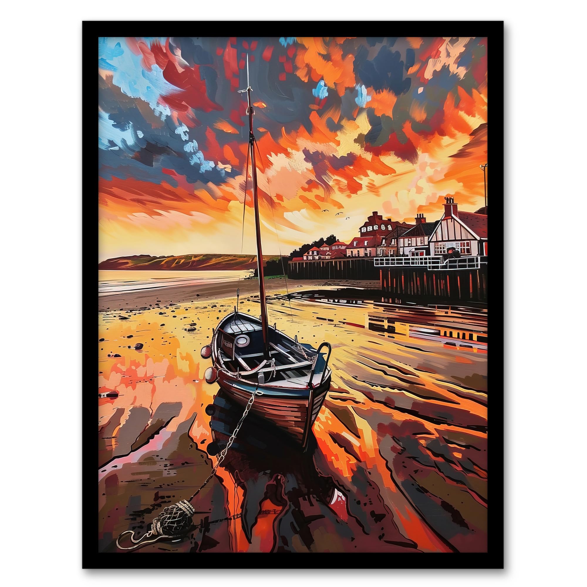 Artery8 Fishing Boat Atmospheric Clouds Sunset Saltburn Living Room Artwork Framed Wall Art Print A4