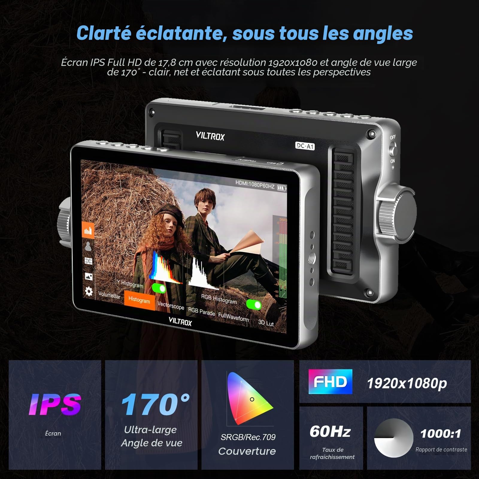 VILTROX DC-A1 Moniteur de Terrain pour Caméra Ecran Tactile,Externe Camera Monitor 2800Nits Haute Luminosité 7 Pouces 1920x1080 3D LUT avec Ventilateur,Batterie,Pare-Soleil pour Sony Canon Nikon Fuji