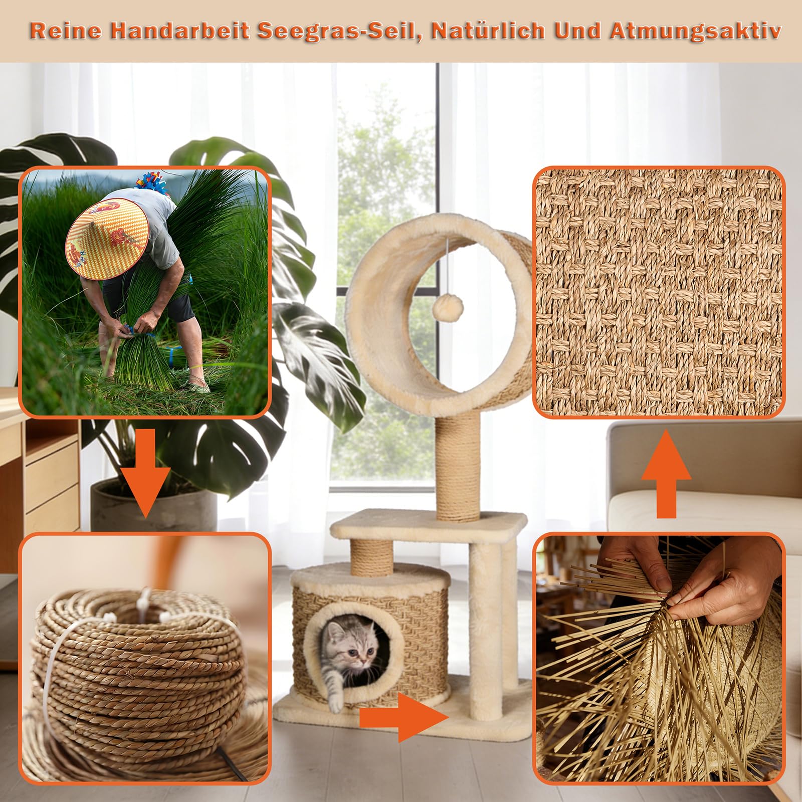 Kratzbaum Modern mit Sisal Kratzsäulen & Handgestrickter Höhle – Stabiler Katzenbaum aus Natürlichem Seegras – Umweltfreundliches Kletterbaum Katzenzubehör für Wohnungskatzen 95 cm