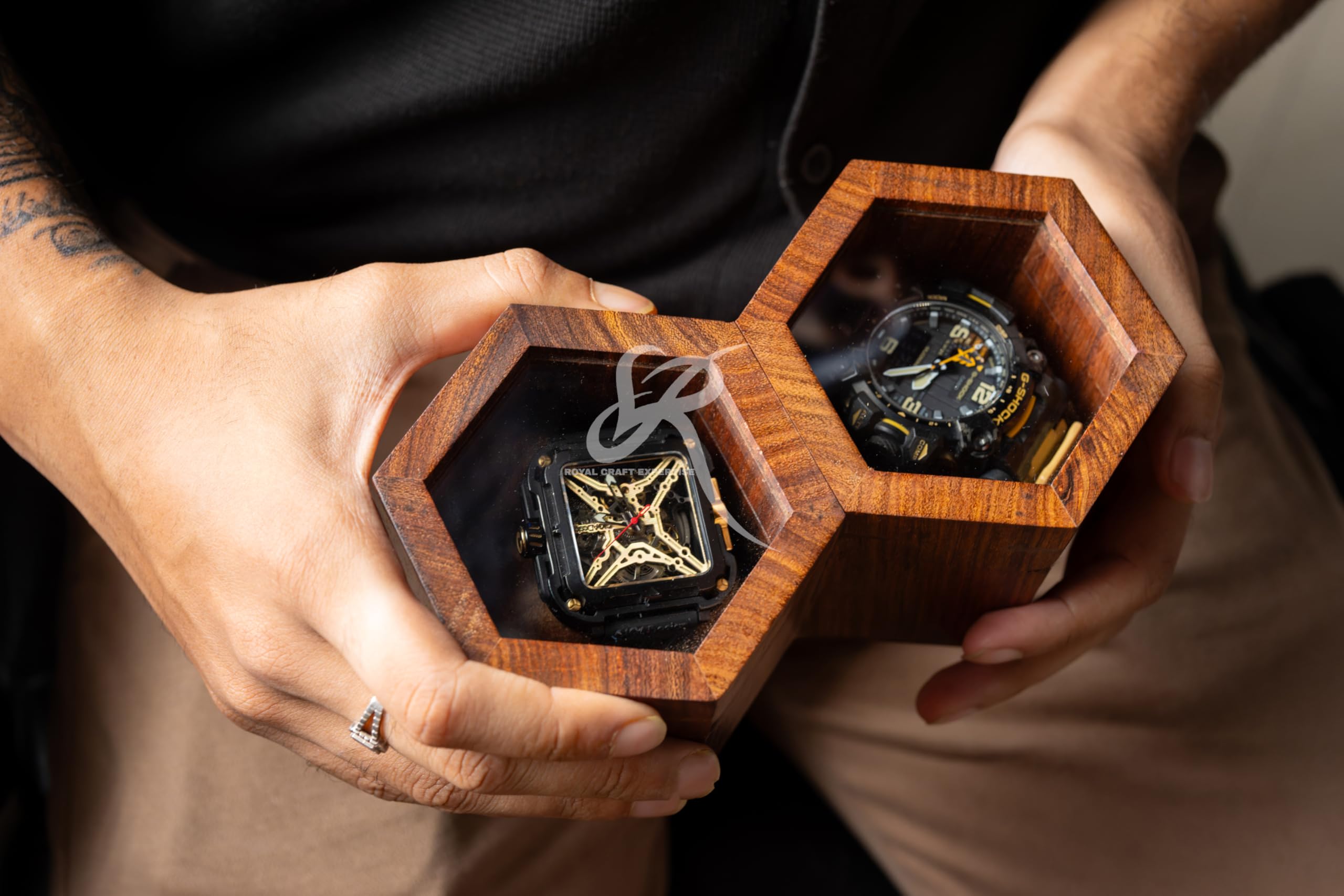 Watch Box for Men, Double Slot Watch Display Case, Dark Brown Indian Rosewood Watch Storage Box, Valentines Gift
