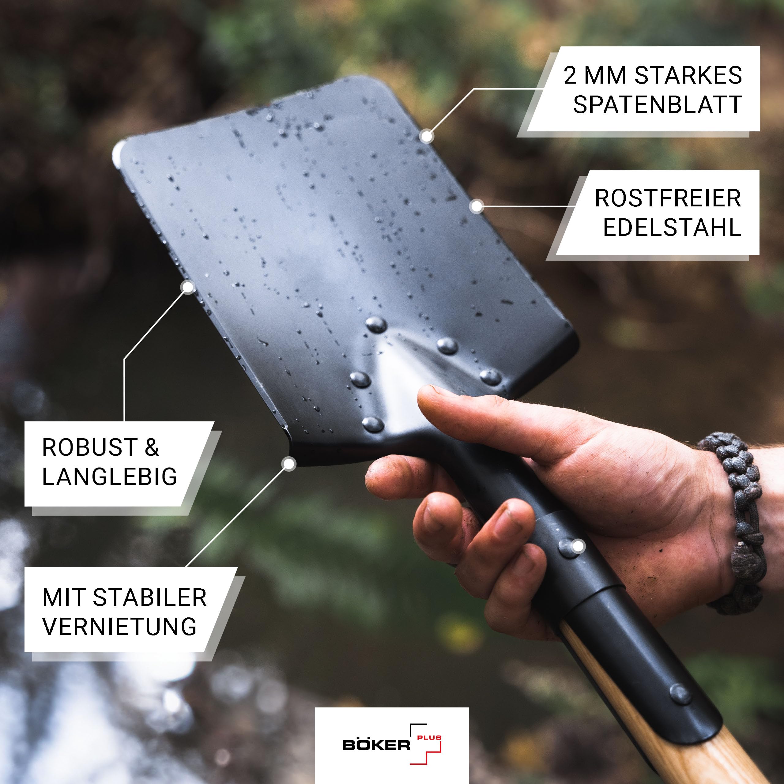 Böker Plus® Shovel M1874 - Deutscher Feldspaten mit Holzstiel - Armee Kurzspaten nach historischen Pionierspaten - Kurze Outdoor-Schaufel mit Tasche für Bushcraft-, Camping-, Survival-Ausrüstung
